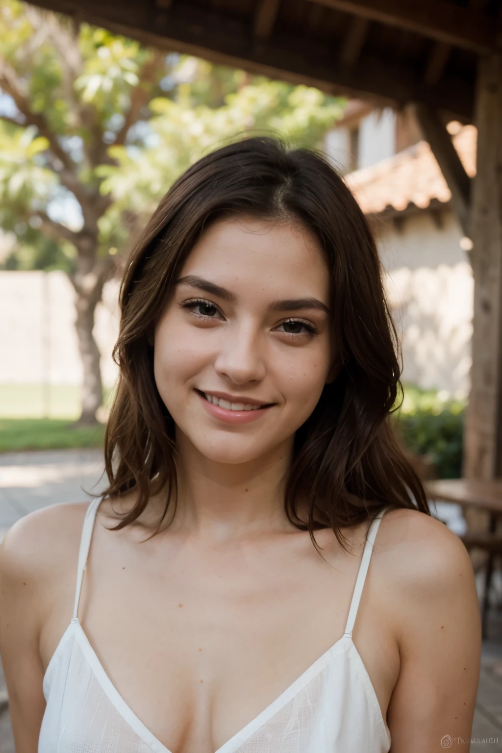 ((Mejor calidad)), ((Obra maestra)), (detallado), cara perfecta, 25 year old girl, By the chestnut, ojos marrones, sonrisa