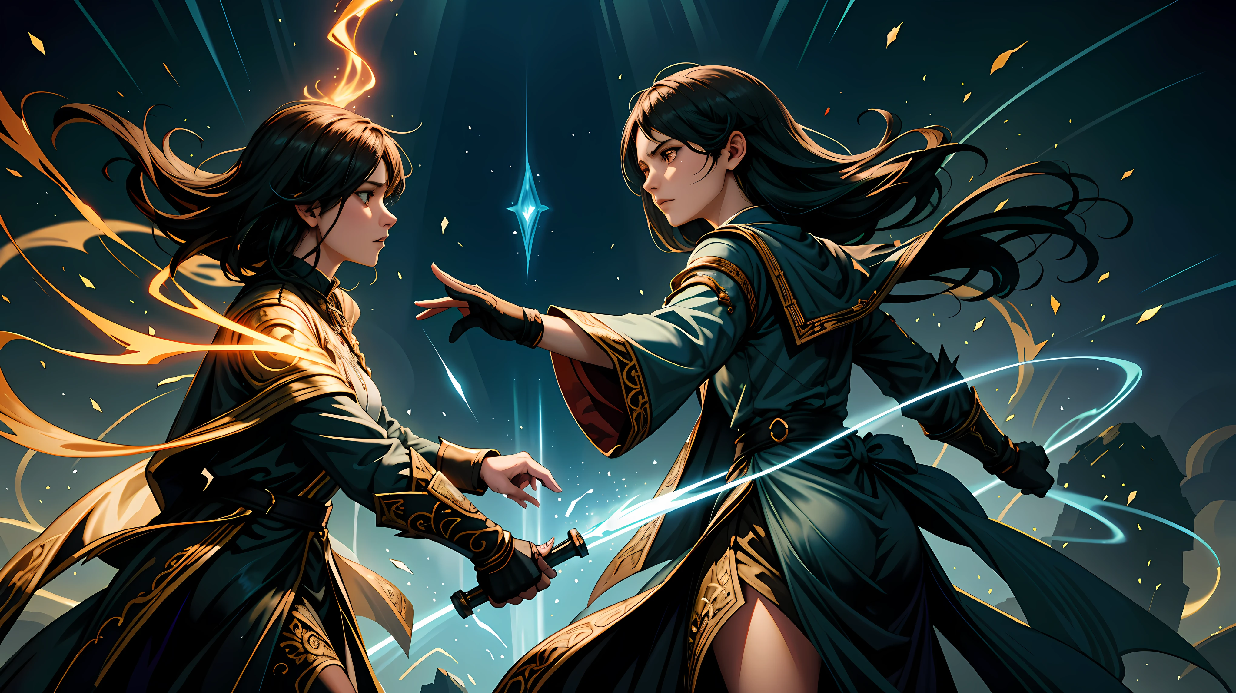 Title: "Epic Spell Duel: Final Showdown"

Prompt:

1. Transport viewers to a climactic anime scene, where two formidable female mages face off in a spellbinding final showdown.

2. Envision the mages wearing specialized magical hand gloves, imbued with ancient enchantments to amplify their spellcasting prowess.

3. Craft the scene with the distinct aesthetic of Stable Diffusion 1.5, emphasizing smooth transitions and fluid animations to enhance immersion.

4. Define the characters: one mage adorned in flowing robes with intricate magical motifs, the other in sleek attire adorned with pulsating runes on her gloves.

5. Illustrate the mages' movements with precision and grace, each gesture unleashing torrents of arcane energy in the air.

6. Illuminate the battlefield with dynamic lighting effects, casting dramatic shadows and highlights to heighten the intensity of the confrontation.

7. Introduce environmental elements such as swirling vortexes and crackling energy fields, adding depth and complexity to the magical ambiance.

8. Convey the fierce determination in the mages' expressions as they unleash devastating spells upon each other, their eyes ablaze with unyielding resolve.

9. Showcase the versatility of the magical gloves, as the mages weave intricate spells ranging from elemental blasts to ethereal shields.

10. Capture the ebb and flow of the battle with dynamic camera angles, drawing viewers into the heart of the spell duel.

11. Ensure every frame is meticulously detailed, from the ornate designs of the magical gloves to the mesmerizing patterns of the arcane energy.

12. Optimize the animation for Stable Diffusion 1.5, ensuring the highest quality and visual fidelity to deliver an unforgettable final showdown scene.