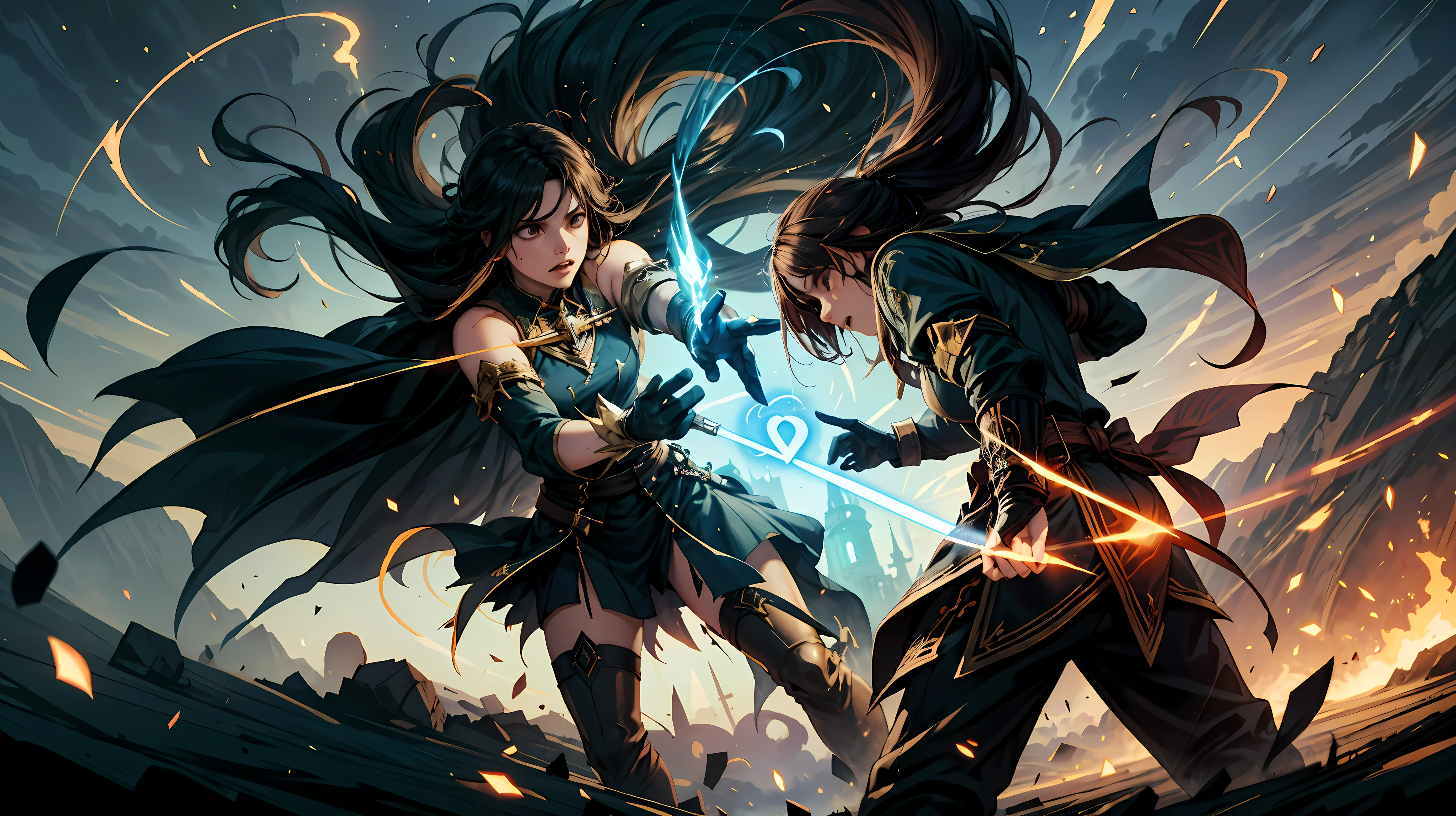 Title: "Epic Spell Duel: Final Showdown"

Prompt:

1. Transport viewers to a climactic anime scene, where two formidable female mages face off in a spellbinding final showdown.

2. Envision the mages wearing specialized magical hand gloves, imbued with ancient enchantments to amplify their spellcasting prowess.

3. Craft the scene with the distinct aesthetic of Stable Diffusion 1.5, emphasizing smooth transitions and fluid animations to enhance immersion.

4. Define the characters: one mage adorned in flowing robes with intricate magical motifs, the other in sleek attire adorned with pulsating runes on her gloves.

5. Illustrate the mages' movements with precision and grace, each gesture unleashing torrents of arcane energy in the air.

6. Illuminate the battlefield with dynamic lighting effects, casting dramatic shadows and highlights to heighten the intensity of the confrontation.

7. Introduce environmental elements such as swirling vortexes and crackling energy fields, adding depth and complexity to the magical ambiance.

8. Convey the fierce determination in the mages' expressions as they unleash devastating spells upon each other, their eyes ablaze with unyielding resolve.

9. Showcase the versatility of the magical gloves, as the mages weave intricate spells ranging from elemental blasts to ethereal shields.

10. Capture the ebb and flow of the battle with dynamic camera angles, drawing viewers into the heart of the spell duel.

11. Ensure every frame is meticulously detailed, from the ornate designs of the magical gloves to the mesmerizing patterns of the arcane energy.

12. Optimize the animation for Stable Diffusion 1.5, ensuring the highest quality and visual fidelity to deliver an unforgettable final showdown scene.