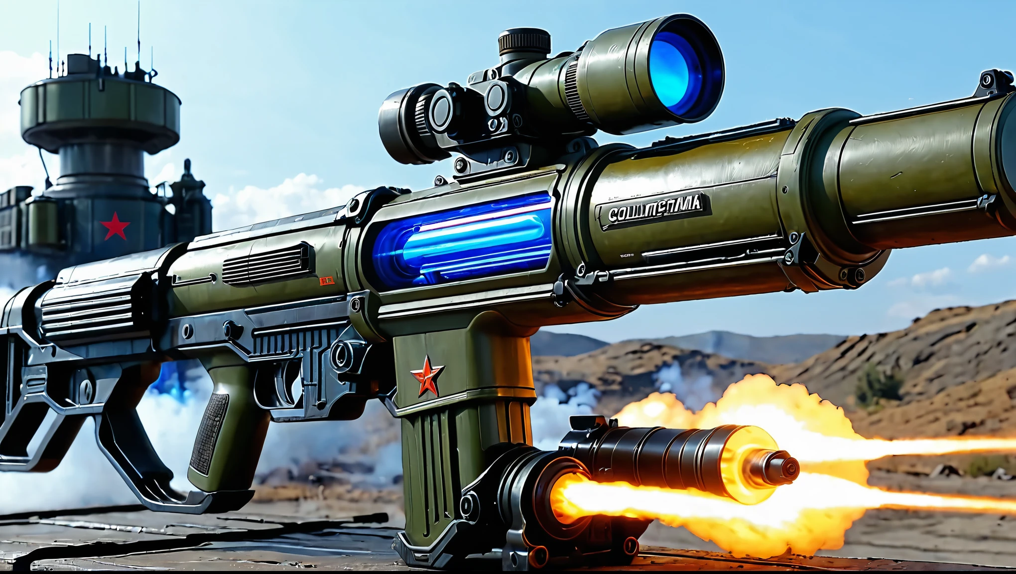 Best quality, 4k, Masterpiece, extremely detailed,energy weapons,with collimator sight, High detail, Plasma rifle, plasma gun, blue plasma in the combustion chamber , glass combustion chamber,flask with plasma inside, khaki weapon color , советская military техника,energy weapons, soviet style, military, soviet weapons, energy weapons 