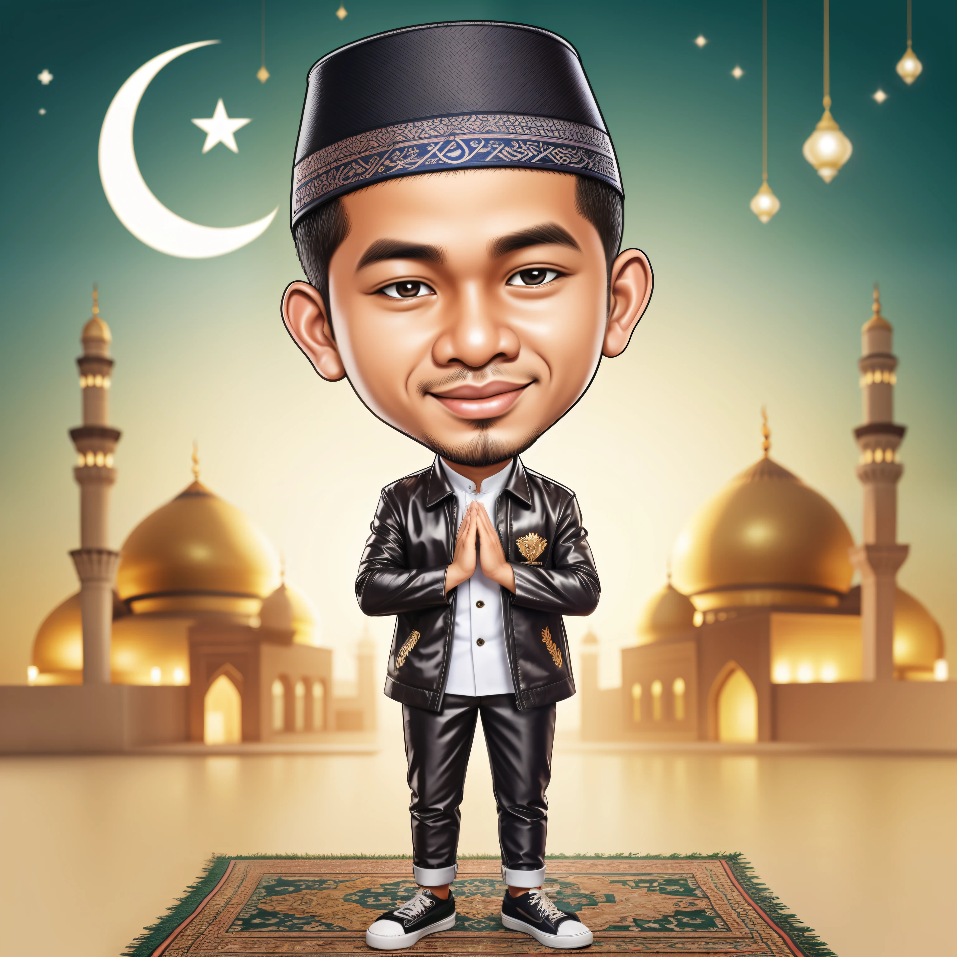 create a realistic caricature, an Indonesian youth, close-cropped hair, wearing a moslem kopyah, wearing a jacket and trousers, shiny shoes, namaste hand, background in ramadhan theme