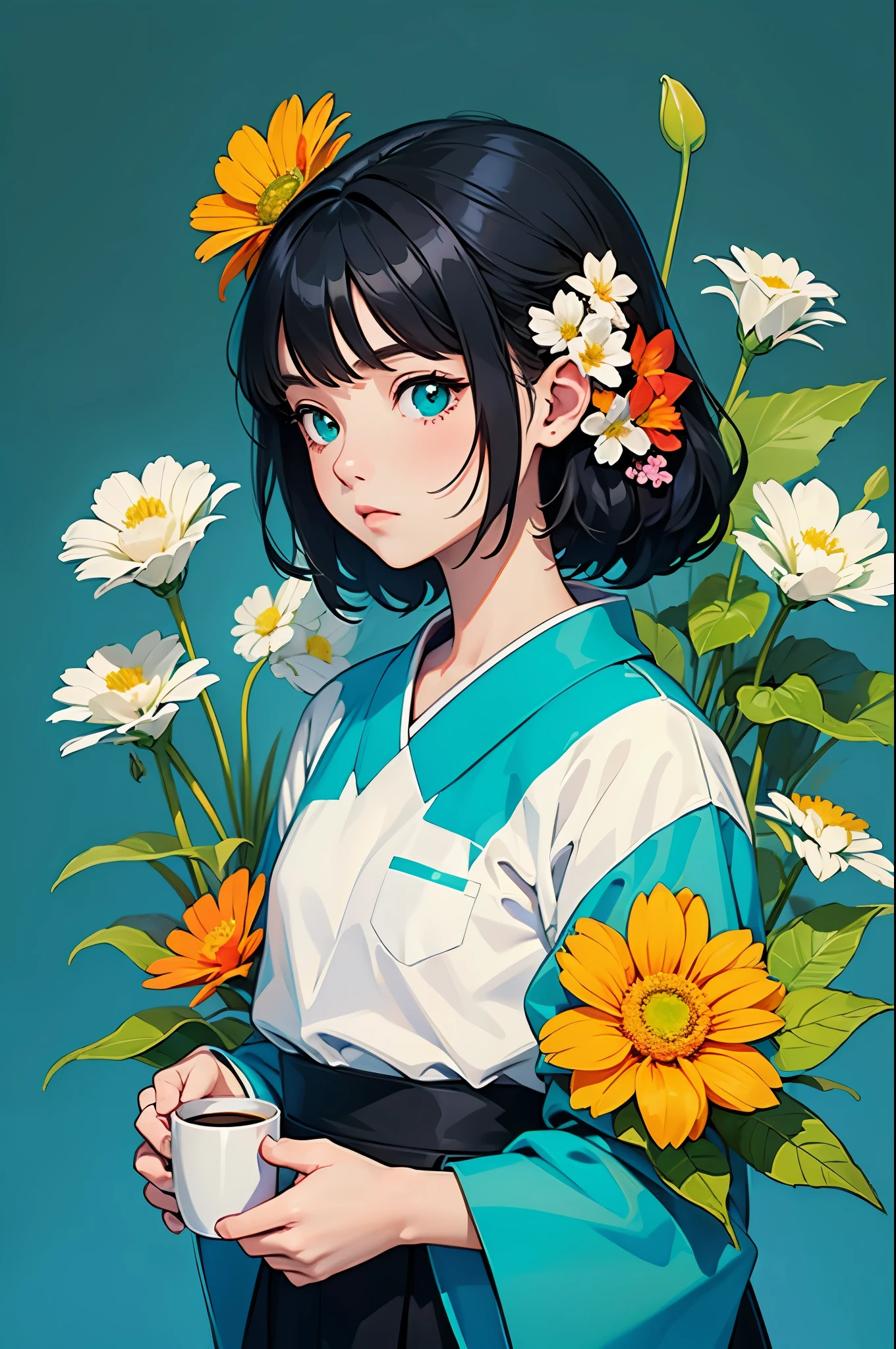 yxycolor,girl ,coffee cup,Cat,black hair,Simple drawing、green,blue,orange color,illustration,green植物,A small number of flowers,clean background