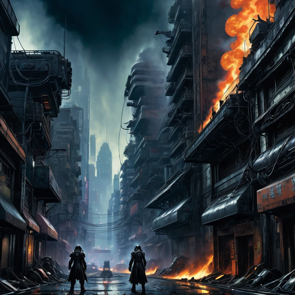 Final Showdown, aesthetic, extremely detailed, Epic, Stunning, Illustration, full shot, Hero, determined, prepared for final showdown, apocalyptic cityscape, fiery destruction, dynamic lighting, rim light, two tone lighting, gritty textures, futuristic, cyberpunk, oil painting, dark colors, saturation, vibrance, cinematic, H.R. Giger, Yoji Shinkawa, Adam Hughes.