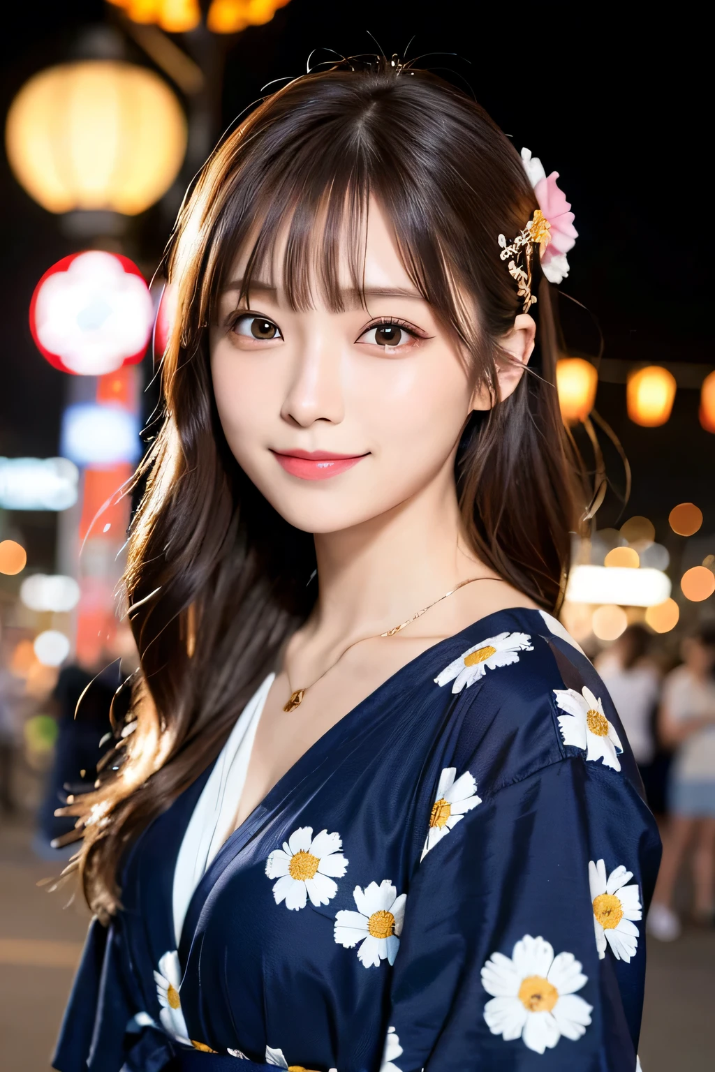（20 year old beautiful girl）solo, masterpiece, High resolution, High detail, Highest quality, Very detailed, Ultra high definition, Textured skin, Black Hair, Bob Hair, chest, smiling, Cinematic light effects, （（realism））, （（Surrealism））,Full Body Shot,（yukata）,Fireworks,Fireworks Date
