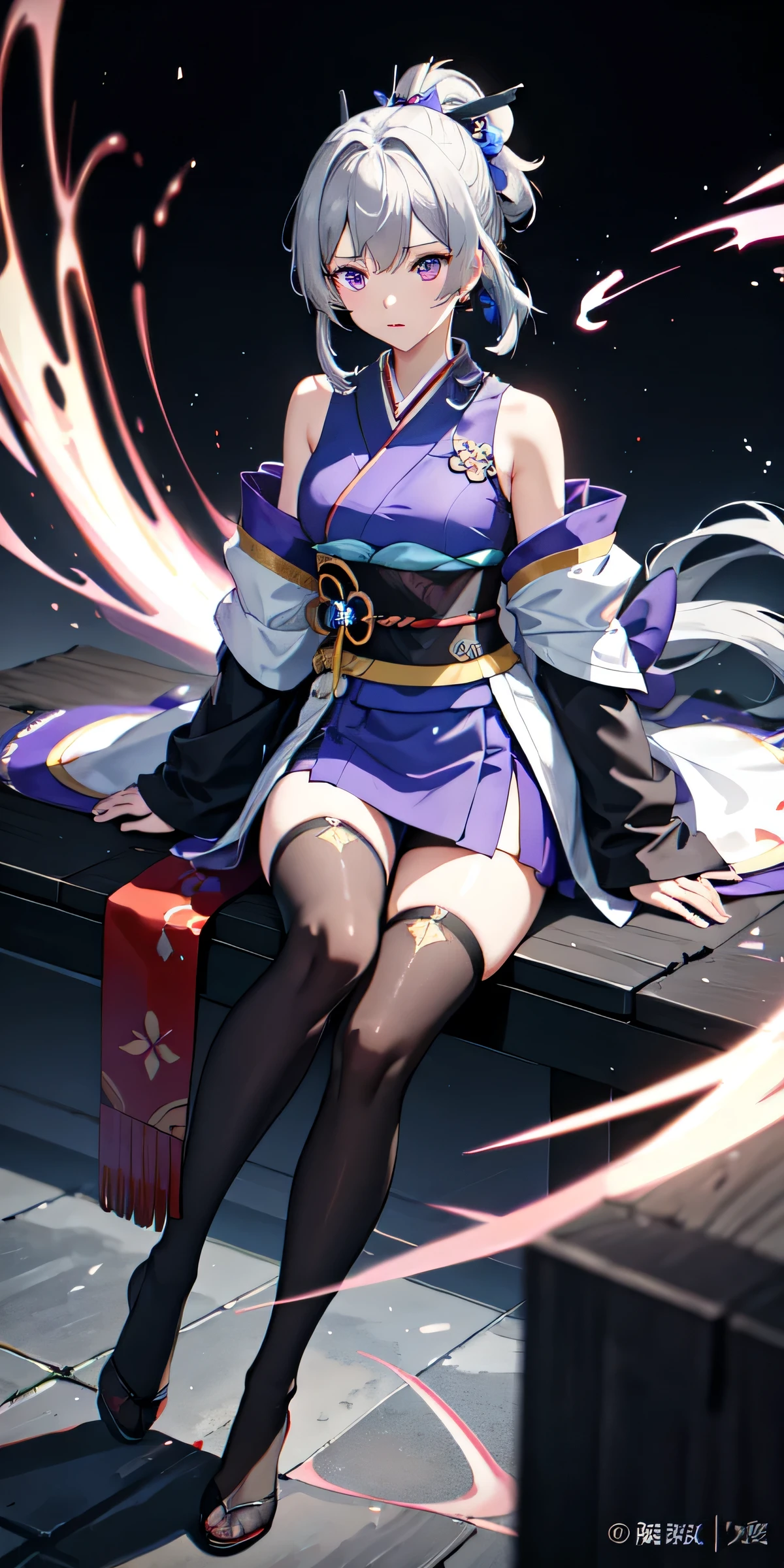 1 girl, kimono, ponytail ,gray hair, purple eyes, magic circle, blue fire, blue flame, wallpaper, A woman riding a motorcycle wearing very short pants, 1 girl, sitting, alone, thighs, feet, landscape, Blood, Blood splatter, written boundary depth, night, particles of light, light, side light, thighs, destiny \(series\), genshin impact, ****, open jacket, skirt, Thighhighs, cloud
