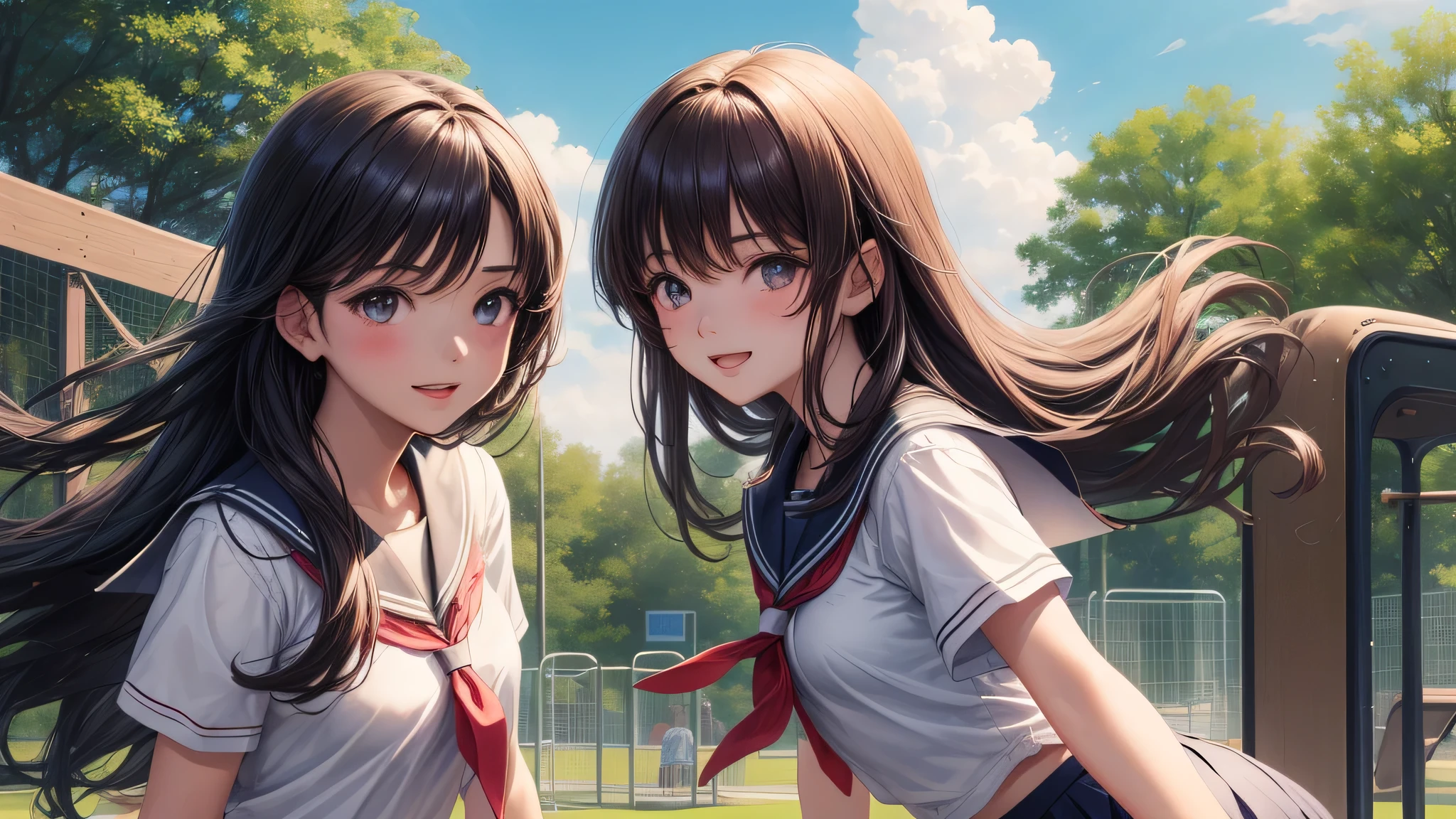 (2 girls:1.2), beautiful girl, shining smile, air bangs, (school uniform, mini skirt:1.2), (highest quality: 1.4), (Super detailed), (highest quality:1.4), (super detailed), Day光, (The school playground is full of greenery, running in the school playground), outdoors, Sunny, cloud, Day, blue sky, (anime illustration), very high resolution, (Upper body), close up face