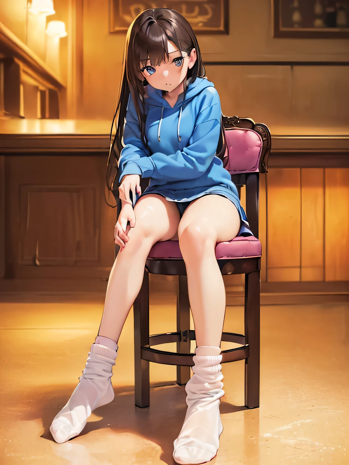 (masterpiece, highest quality, High resolution, realistic pictures, realistic skin:1.1),
(wearing a blue hoodie, loose socks:1.1),
1 girl, beautiful eyes, shining eyes, brown hair, medium long hair, university student, white sneakers、The place is a tall bar counter chair at night..,
(sit with legs closed:1.5),
(Bring your legs together and press your thighs together:1.5),
(knees lying down:1.5),
(I'IはバーでIの足が届く背の高いカウンター椅子に座っています'Reach.:2.5),
(I'Iはタイトなデニムのミニスカートを着ています:1.1),
(Pants visible from the skirt and thighs: 1.5),
(simple pink cotton panties: 1.5),
(embarrassed look:1.5),
NSFW