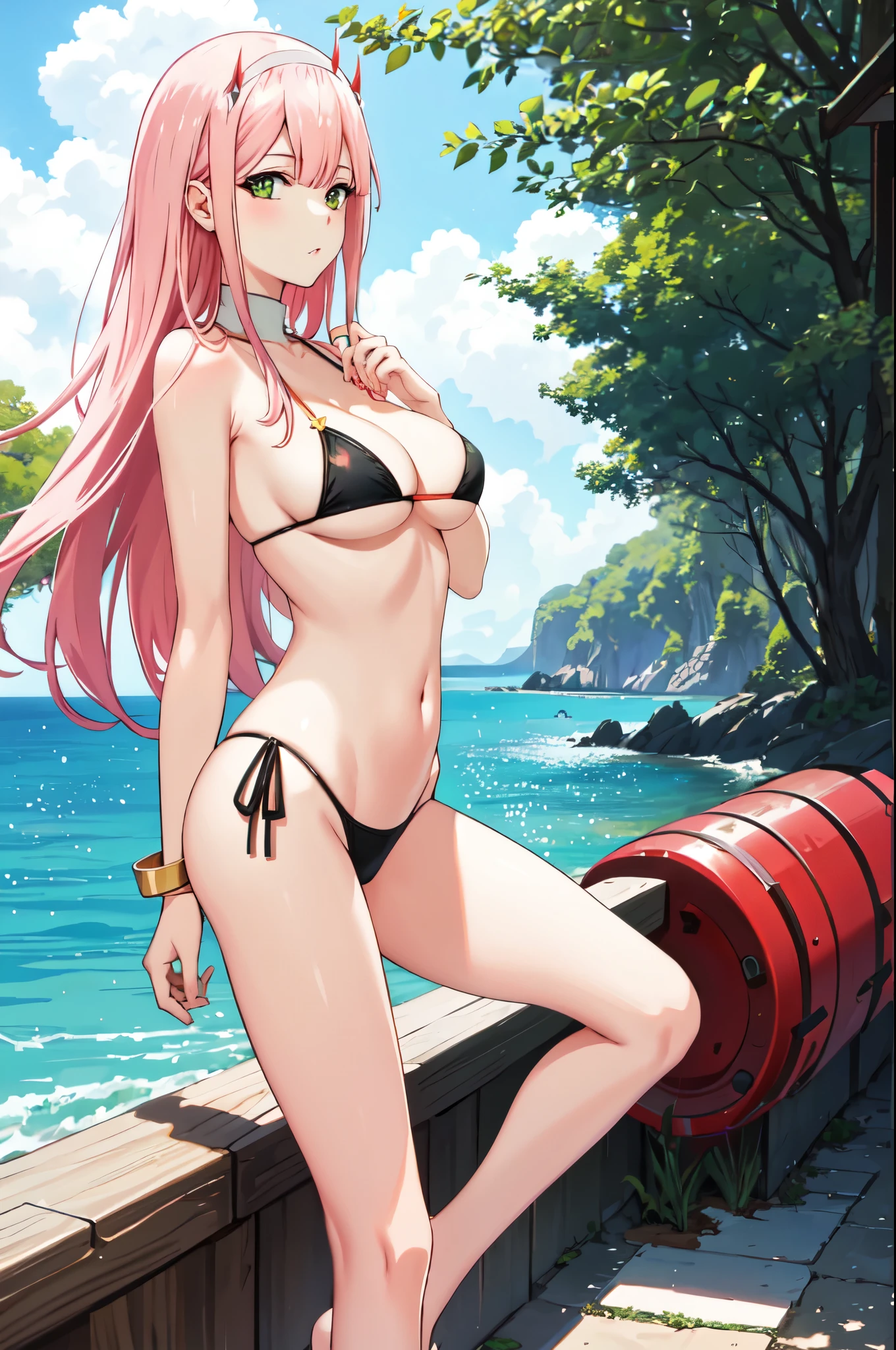 zero two, side tie bikini, big breast, slim legs, sunny day, Beach, leaning, beautiful eyes, green eyes, nervous