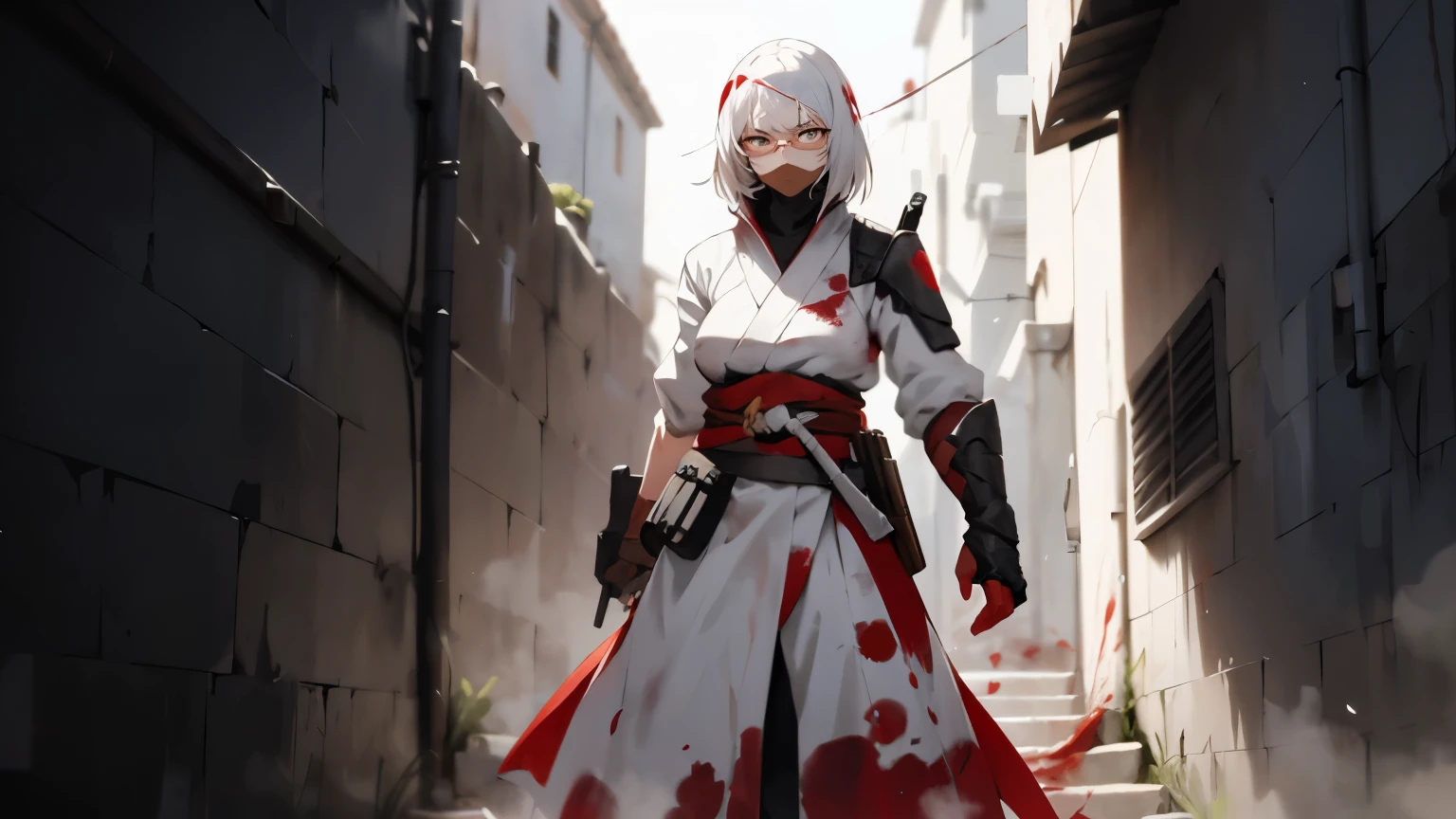 A white-haired woman with a serious face stood holding a gun against a wall in an alley, wearing a blood-stained white ninja outfit and round yellow-lensed glasses on her head, showing half of her body.
