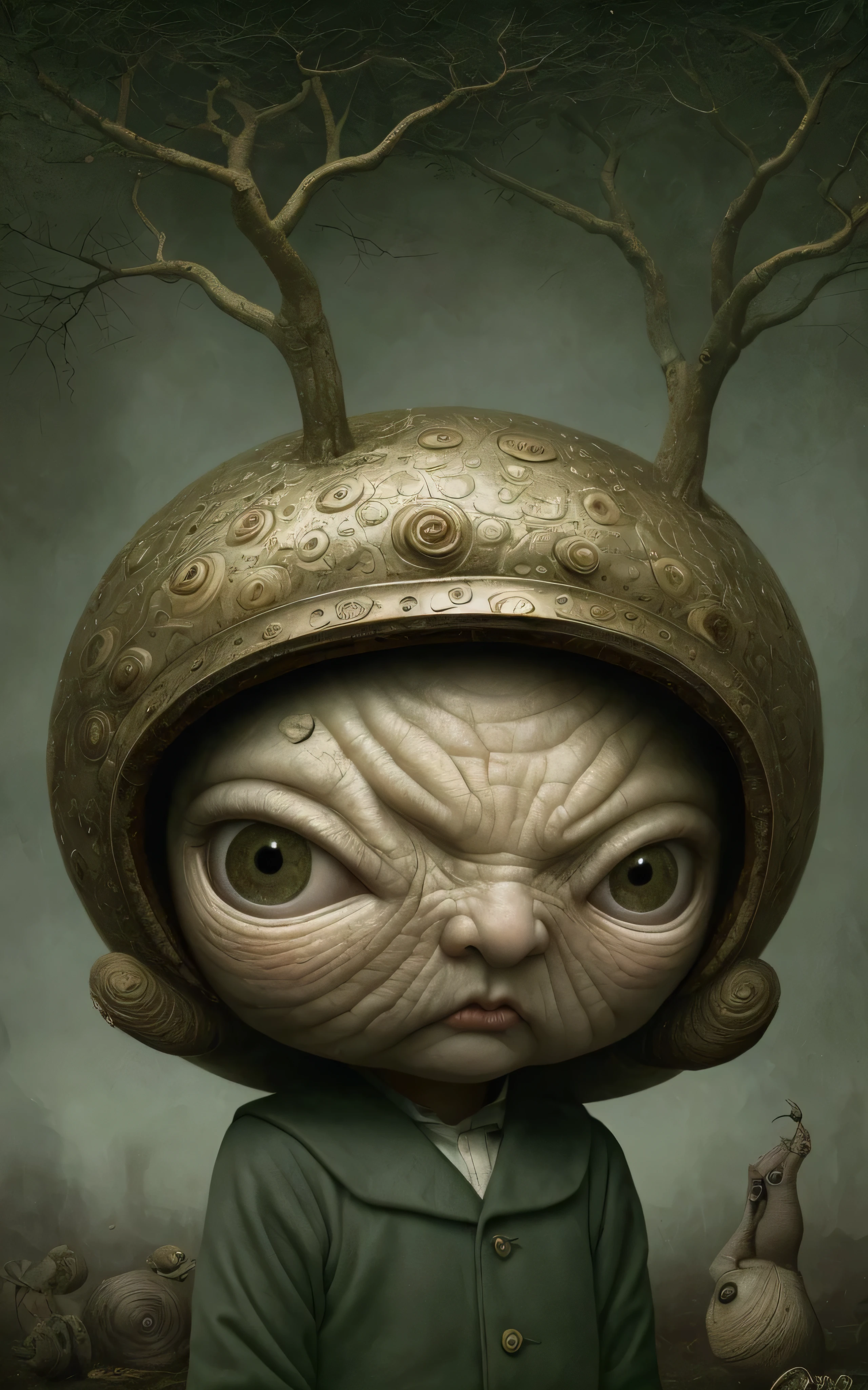 There is a little boy riding a snail with a helmet on., Teniente Artur Tarnowski, magical realism strange art, Anton Semenov, Surrealismo pop, surreal and fantastic art., Arte surrealista, Surrealism in a magical way, benjamin lacombe, by László Balogh, Pop - Surrealismo, Arte digital surrealista, por Brian Despain, Designed by Mark Ryden, Mark Ryden muy detallado, Designed by Mark Ryden, Mark Ryden en el estilo de, beautiful anthropomorphic, dice Mark Ryden, Surrealismo pop vulgar