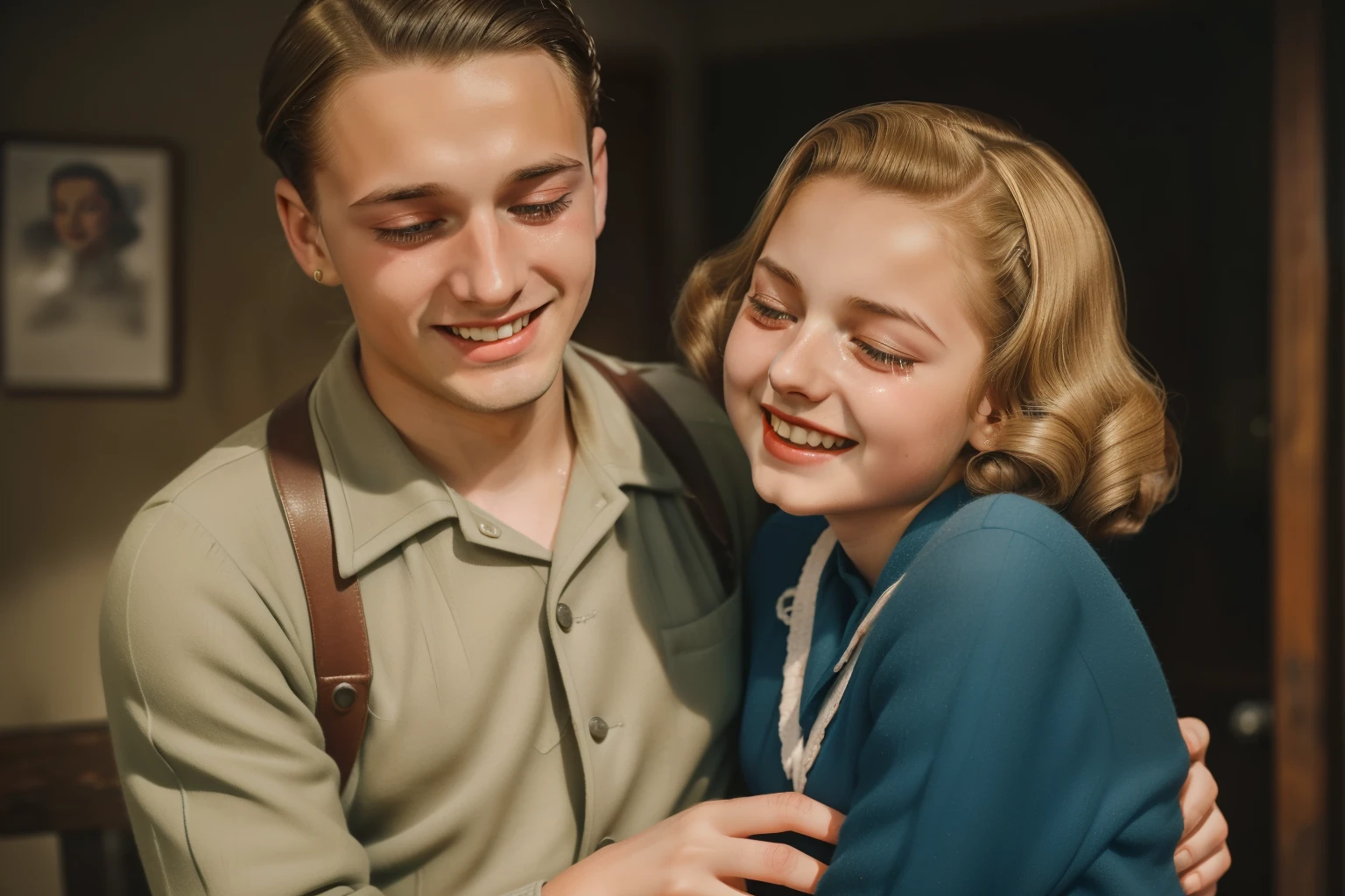 Molching, Germany, 1946. ((((16-year-old)) Liesel Meminger)), very thin, kind, big-hearted, dangerous dark eyes, hugging a man tight, ((((happy tears)))). ((((casual clothings from the 1940s)))), ((dark-blond hairstyle of the 1940s))