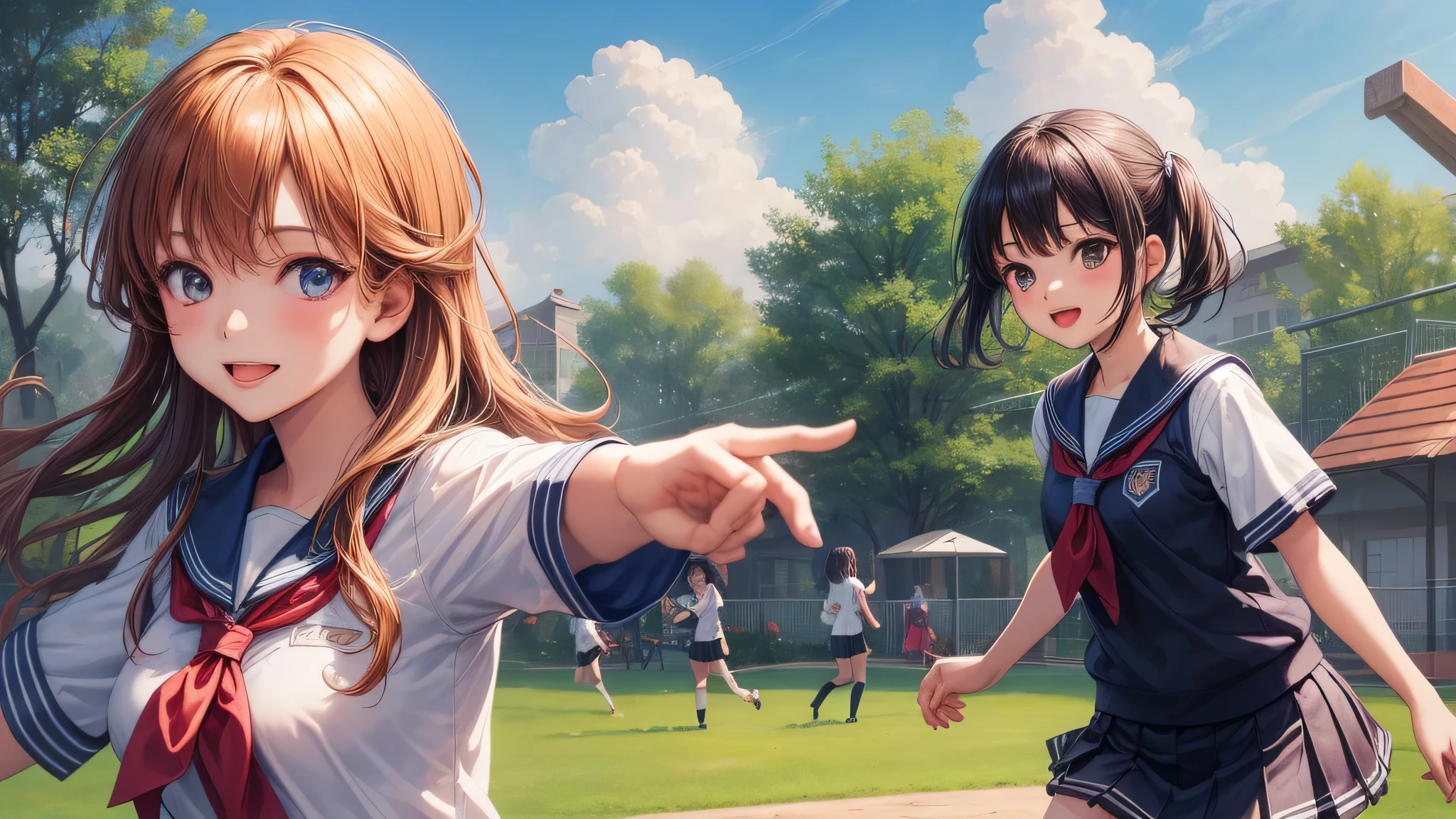 (2 girls:1.2), beautiful girl, shining smile, air bangs, (school uniform, mini skirt:1.2), (highest quality: 1.4), (Super detailed), (highest quality:1.4), (super detailed), Day光, (The school playground is full of greenery, running in the school playground), outdoors, Sunny, cloud, Day, blue sky, (anime illustration), very high resolution, (Upper body), close up face