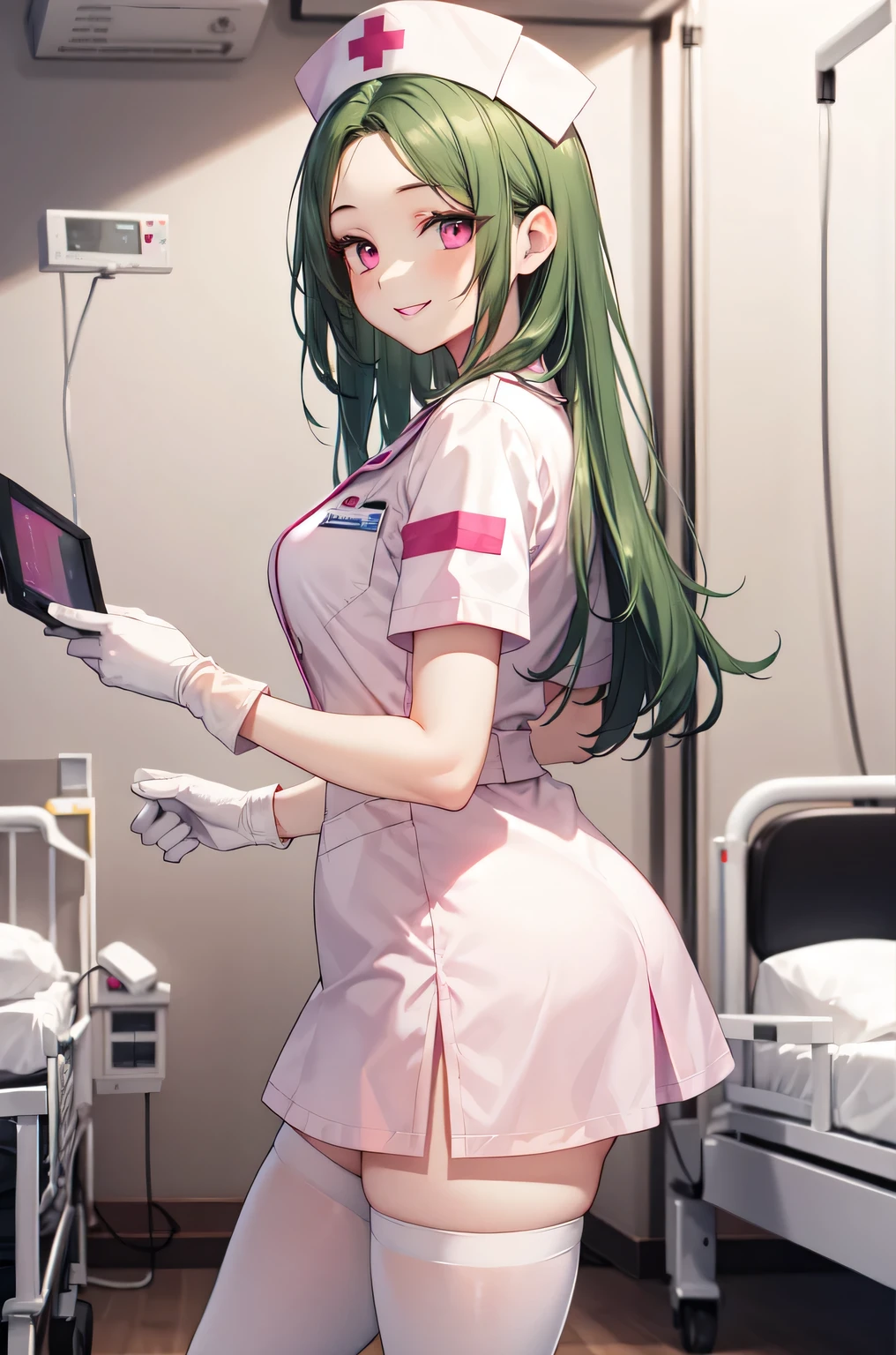 1woman, solo, nurse, white nurse cap, white nurse uniform, ((white legwear, zettai ryouiki)), white gloves, forehead, swept back hair, long hair, green hair, pink eyes, pink lips, smile, standing, ((hospital room)), sharp outline, short sleeves, mature female, 35 years old, best quality, masterpiece