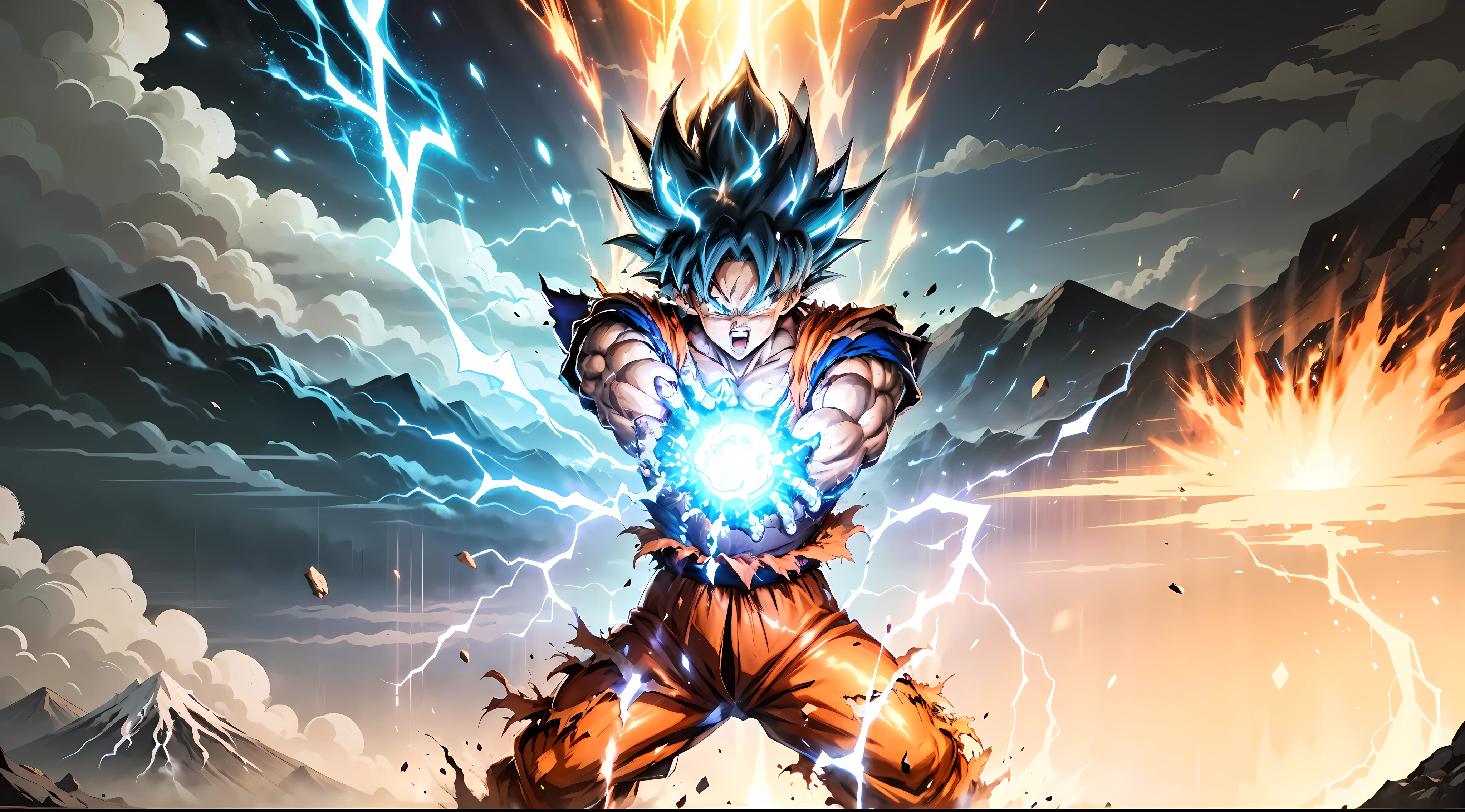 Super Saiyan Goku releases a huge energy wave while standing on the top of a mountain, Surrounded by lush green trees, The sky is a mix of orange and purple hues. The energy waves are bright blue，There are electric sparks around. (japanese manga:1.2), (dramatic lighting:1.1), (bright colors:1.3), (cell shadow:1.1), (dynamic composition:1.2)