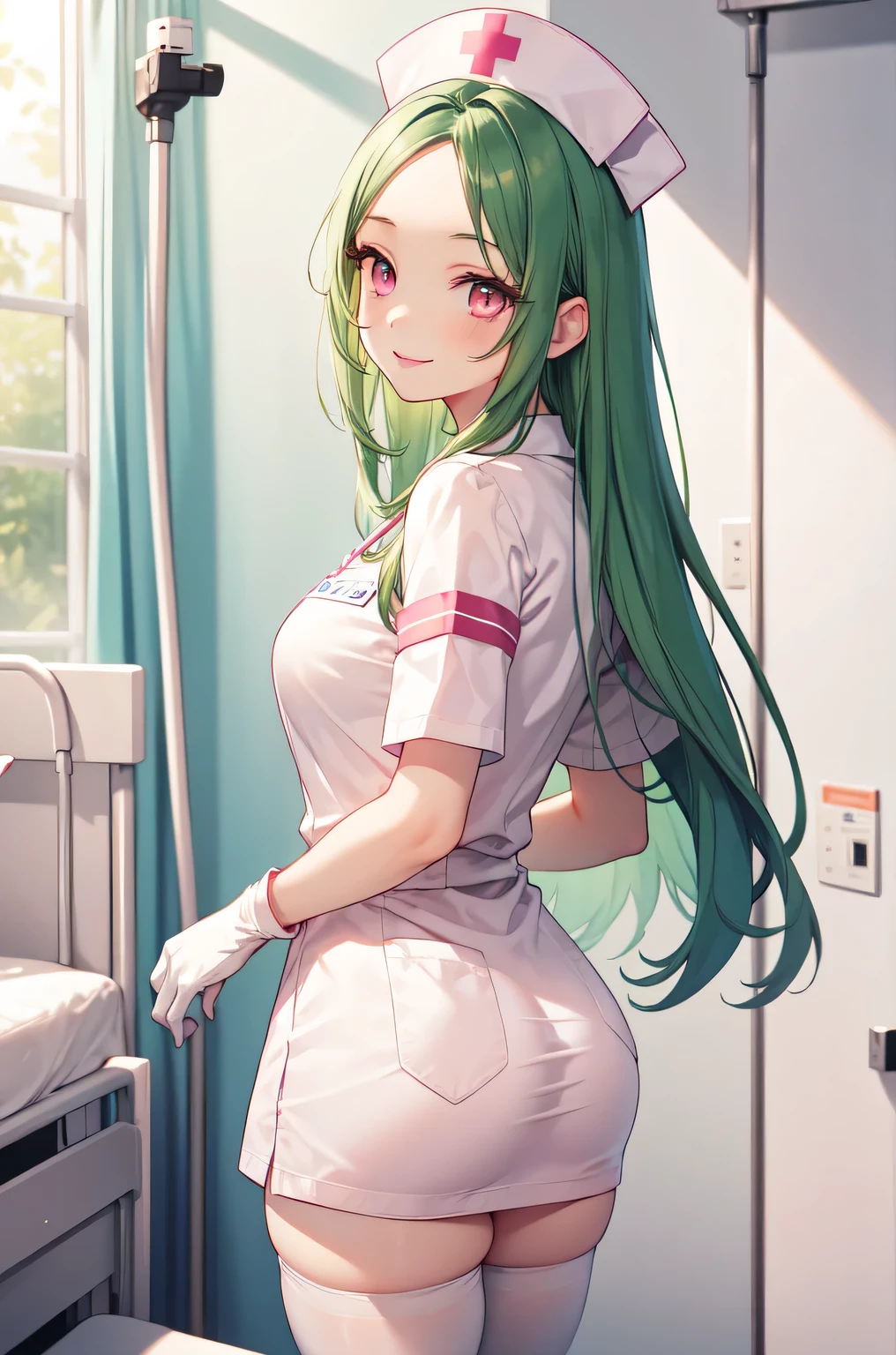 1woman, solo, nurse, white nurse cap, white nurse uniform, ((white legwear, zettai ryouiki)), white gloves, forehead, swept back hair, long hair, green hair, pink eyes, pink lips, smile, standing, ((hospital room)), sharp outline, short sleeves, mature female, 35 years old, best quality, masterpiece