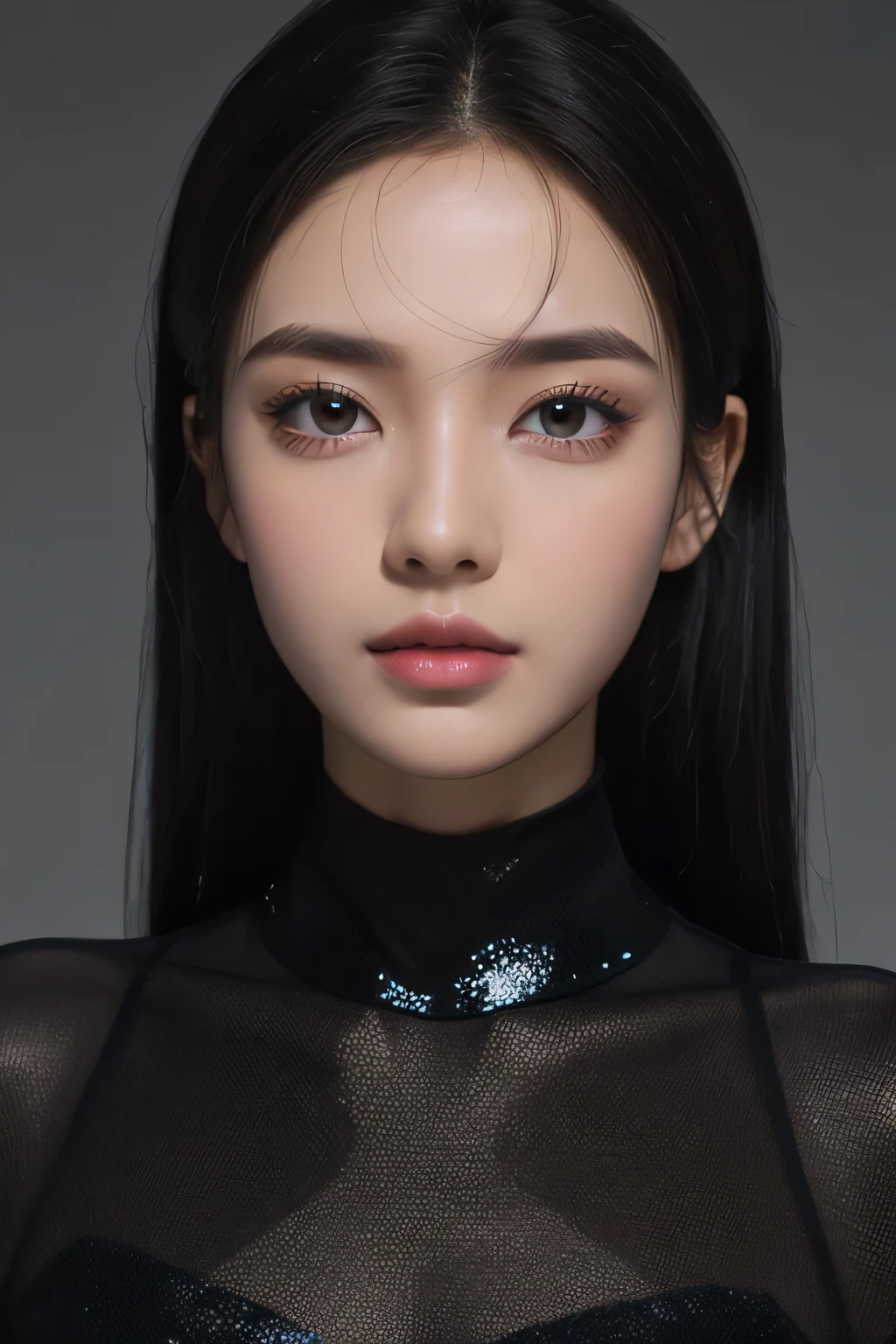 8k, RAW photo, realistic: 1.25), (lip gloss, eyelash, shiny face, Glossy skin, highest quality, ultra high resolution, Depth of written boundary, chromatic aberration, caustics, moist lips, Super cropped face, sparkling little eyes, black hair, semi-long, Snazzy, tight knit dress, Sheer、no makeup