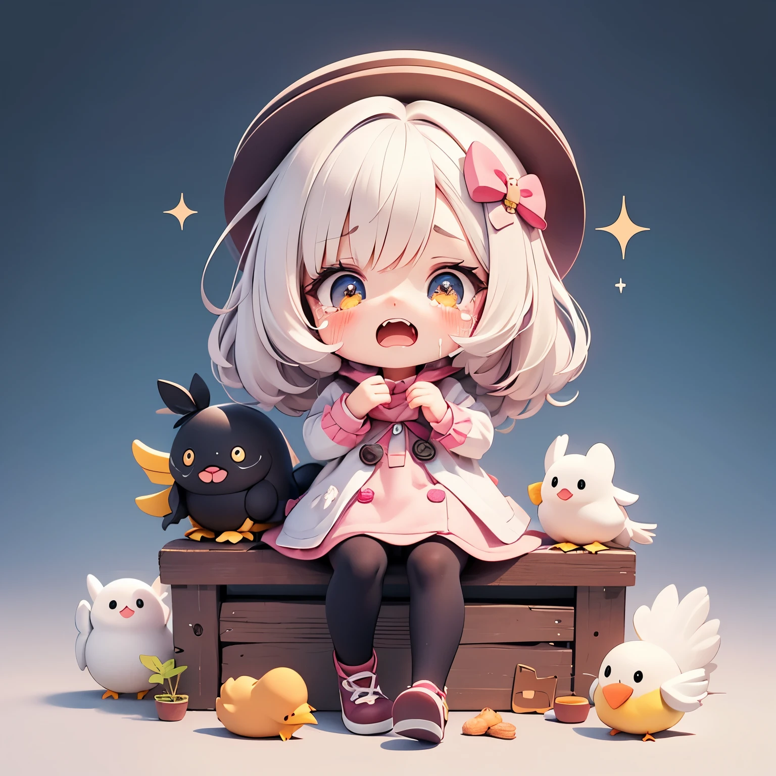 cartoon girl in a chicken costume with a hat and a hand, cute kawaii girl, kawaii chibi, cute art style, cute cartoon character feel very cry, cute character, kawaii cutest sticker ever, cute digital art, chibi girl, cute anime style, cute detailed digital art, anime chibi, cute anime girl, chibi anime girl, ruan cute vtuber, sticker illustration