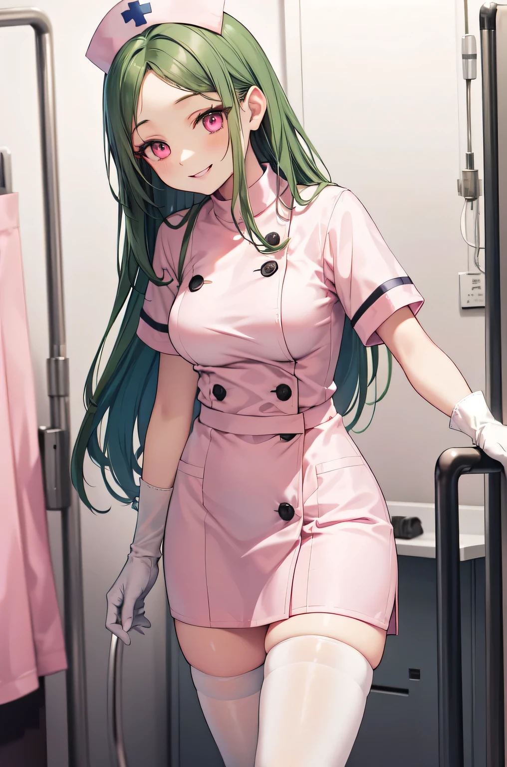 1woman, solo, nurse, white nurse cap, white nurse uniform, ((white legwear, zettai ryouiki)), white gloves, forehead, swept back hair, long hair, green hair, pink eyes, pink lips, smile, standing, ((hospital room)), sharp outline, short sleeves, mature female, 35 years old, best quality, masterpiece