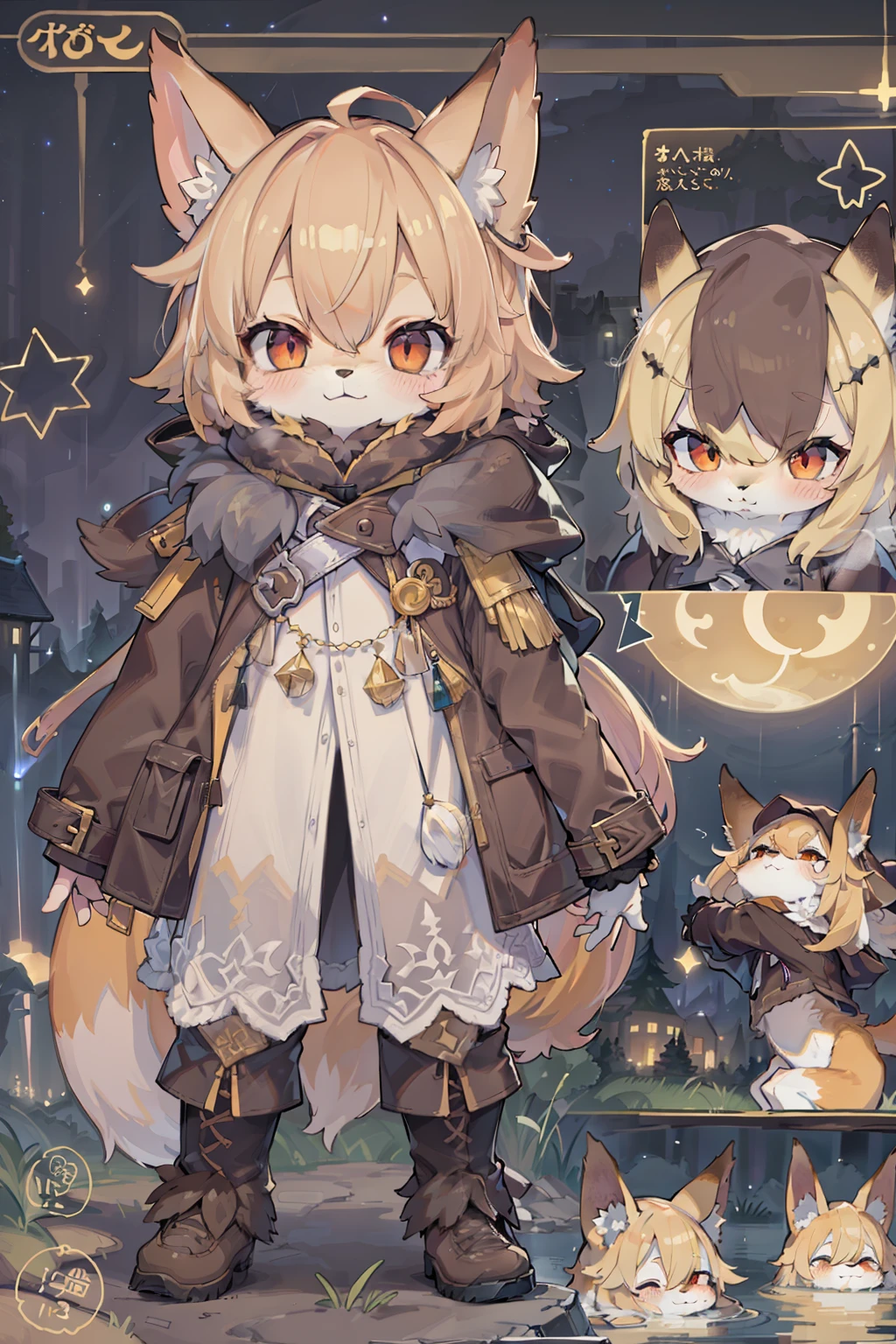 character chart，Shota the fox，hairy pubic，shaggy，Skin fur，Golden fur，Golden yellow face fur,Short straight blonde hair，Eyes have light，Red eyes，Brown elements on fur，Brown coat brown hood up，White top，brown shorts，Beautiful lights and shadows，Ambient light，Ultra-fine fur，volumettic light,natural  lightting，fox tails，Fluffy tail，No Man, Glowing tree，Lake, dark scenery, rain，Night，starrysky，Vast landscape，crossed bangs, Hairline, Shiny hair, lone nape hair, ，The smiley face has a faint blush, smiley，Sleepy，（Oversized Full Moon：1.2），（meteors：0.9），（Starcloud：1.3）（Warm light source：1.2），aurora，nevando，snowfield, Extra-long sleeves， Purple and orange，Complicated details，Volumetriclighting，Realist breakthrough（tmasterpiece：1.2）（best qualtiy），4K，Ultra-delicate，（Dynamic configuration：1.4），Highly detailed and colorful details，（Irridescent color ：1.2），（luminouslighting，Atmospheric lighting），dream magical，magic，solo，Glowing light,Light blush, ，Single