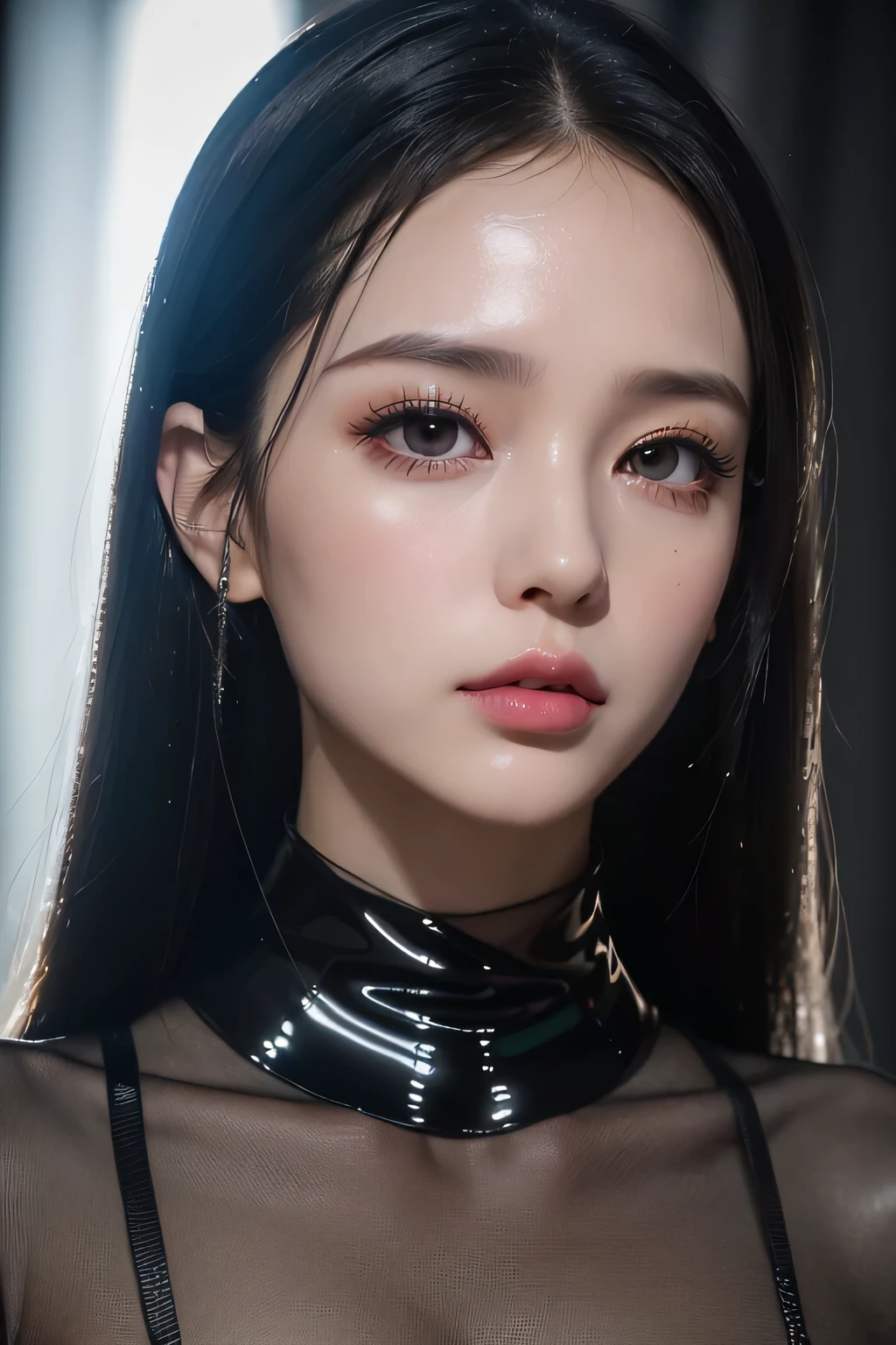 8k, RAW photo, realistic: 1.25), (lip gloss, eyelash, shiny face, Glossy skin, highest quality, ultra high resolution, Depth of written boundary, chromatic aberration, caustics, moist lips, Super cropped face, sparkling little eyes, black hair, semi-long, Snazzy, tight knit dress, Sheer、no makeup