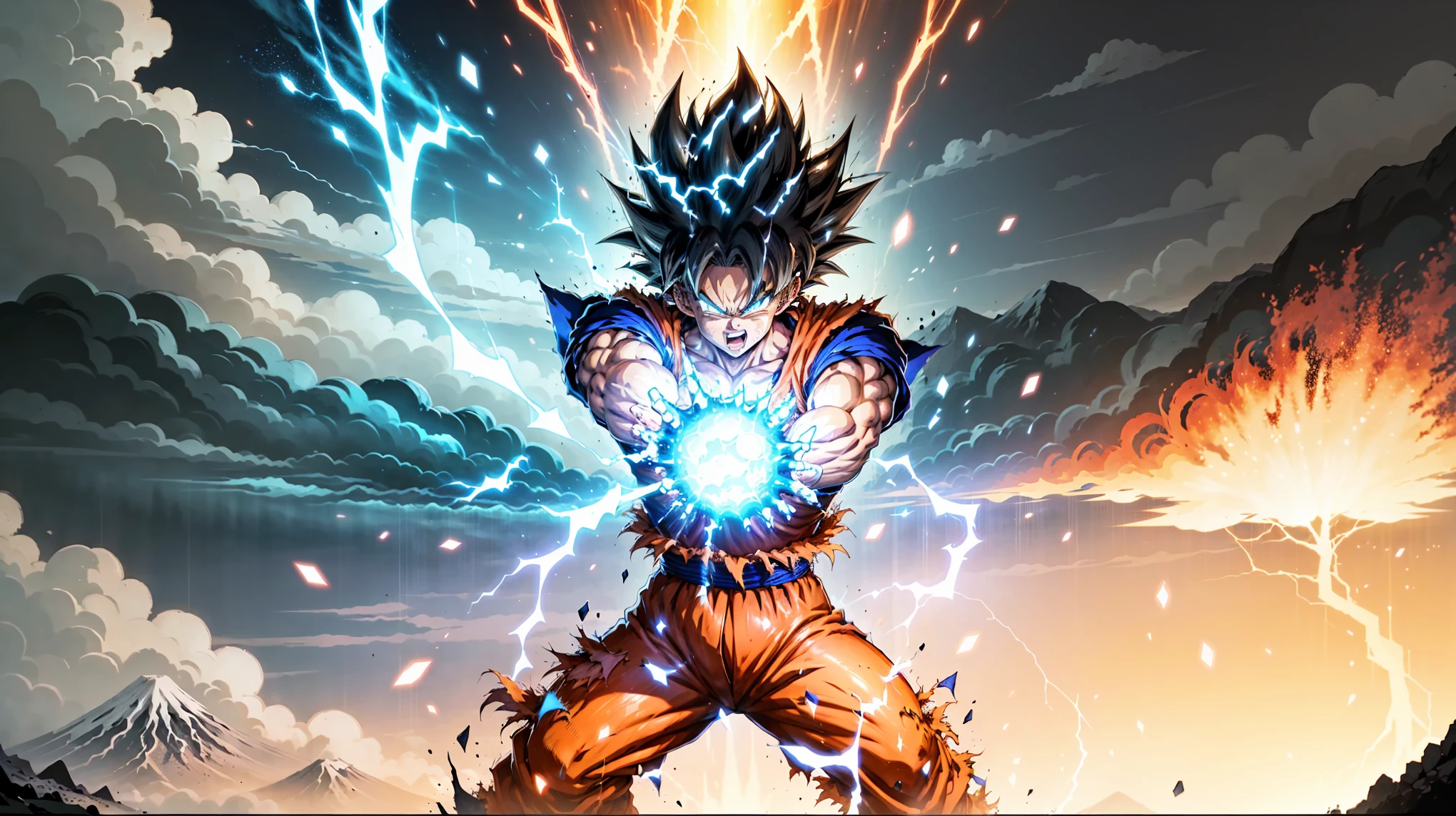 Super Saiyan Goku releases a huge energy wave while standing on the top of a mountain, Surrounded by lush green trees, The sky is a mix of orange and purple hues. The energy waves are bright blue，There are electric sparks around. (japanese manga:1.2), (dramatic lighting:1.1), (bright colors:1.3), (cell shadow:1.1), (dynamic composition:1.2)