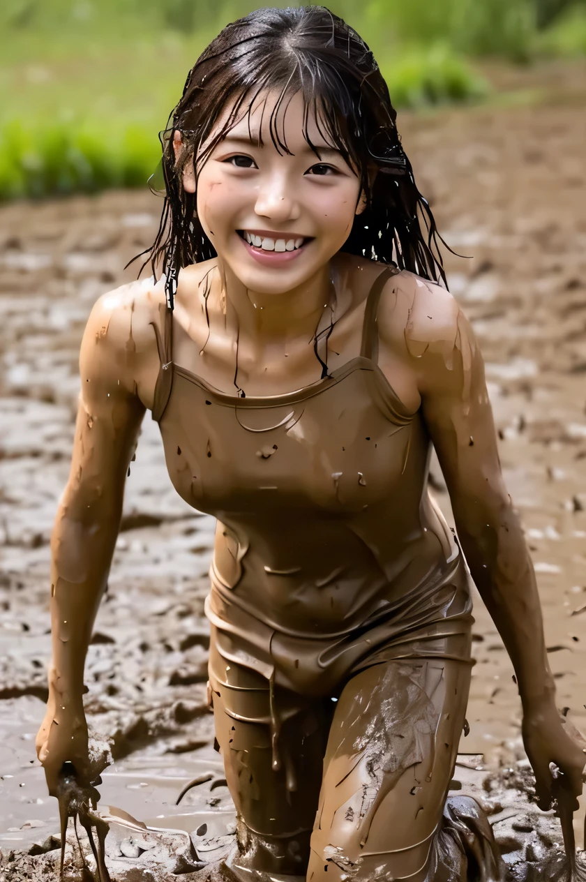 (masterpiece, best quality:1.2), cowboy shot, Japanese high-school student, big smile, looking at viewer, Show the armpit, (swim wear:1.2), wet muddy field, dripping with mud, submerged, covered all over with mud, muddy arms, muddy hair, muddy face, wet clothes, soaked, dripping wet, wet hair, wet skin, translucent, glistening with oil, fully clothed, (from bellow:1.3), (looking down, watching at Viewer),