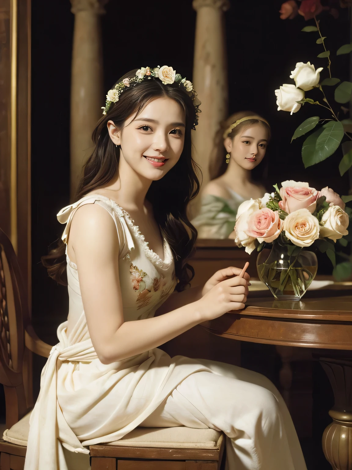 Raffaello Santi painting style,Arguments of two female 、roses in vase、fruits、Cute trinkets、smile、ancient greek costume、Woman standing on ancient Roman ruins ,A big smile