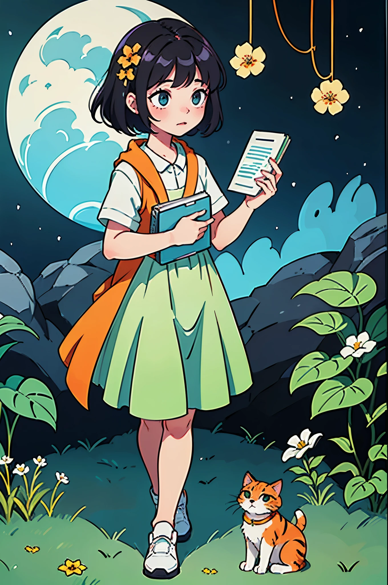 yxycolor,girl reading book,Cat,black hair,Simple drawing、green,blue,orange color,illustration,green植物,A small number of flowers,clean background