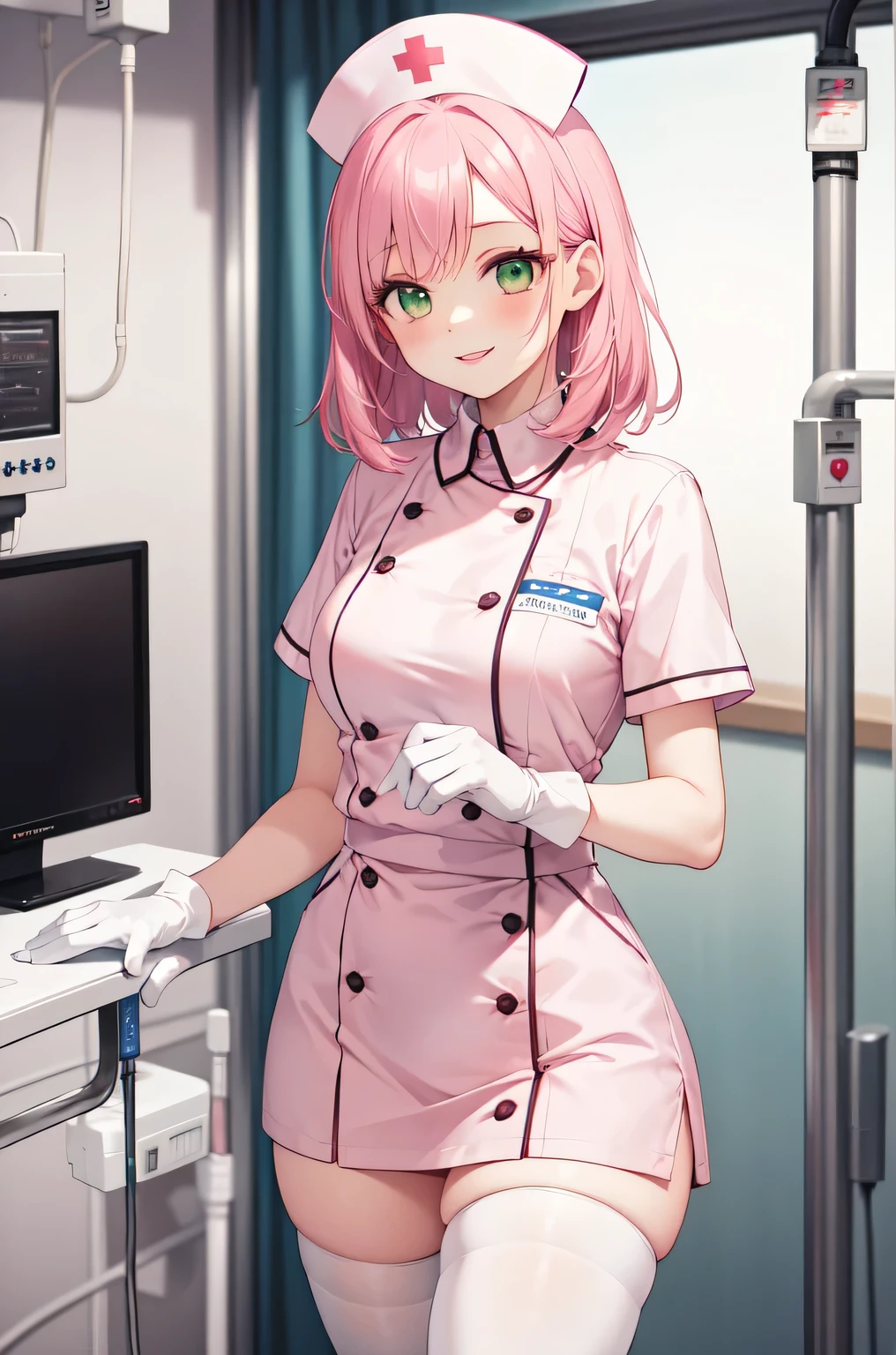 1woman, solo, nurse, white nurse cap, white nurse uniform, ((white legwear, zettai ryouiki)), white gloves, pink hair, green eyes, drooping eyes, pink lips, smile, standing, ((hospital room)), sharp outline, short sleeves, mature female, 32 years old, best quality, masterpiece