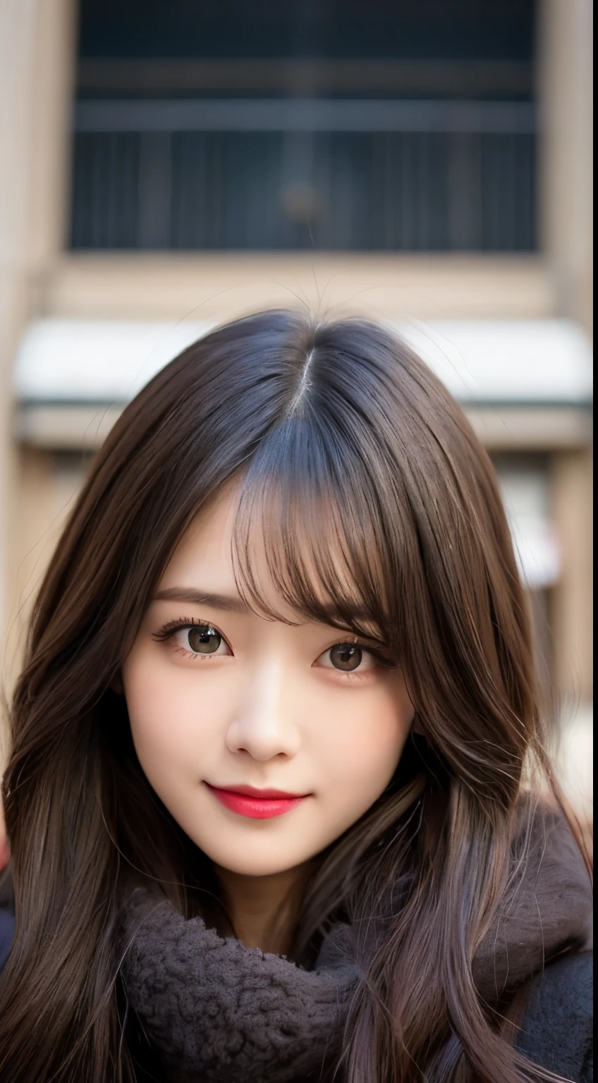 table top, highest quality, shape, Super detailed, finely, High resolution, 8k wallpaper, 完璧なダイナミックな構shape, beautiful and detailed eyes, Tokyo trend winter fashion(dress), small breasts, natural color lip, random sexy pose,cute smile、20 year old girl、beautiful and detailed face、perfect and beautiful face,Big eyes、Wearing a fluffy black luxury mink coat、beautiful and detailed face、perfect and beautiful double eyelids、blur background、perfect and beautiful face、bright look、straight hair、Raise your chin and look up、Take a picture of a sideways face