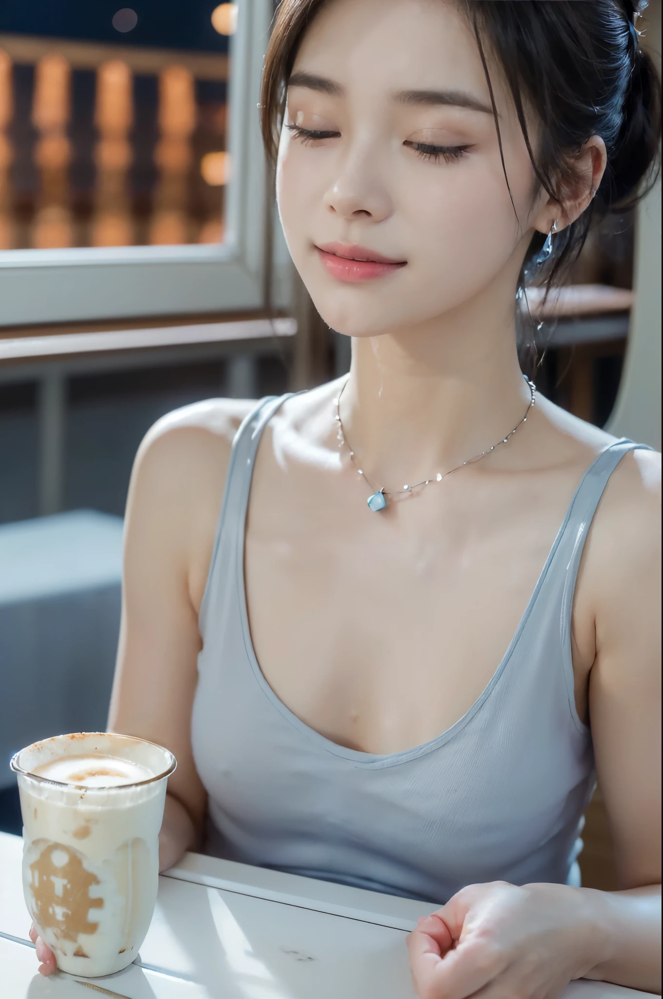 ((((8k))),((Extremely meticulous CG)) ,(wallpaper),16k,((Extremely refined and beautiful)),(((Masterpiece))),(((best qualtiy))),(((Ultra High Resolution))),beautiful light up,Perfect lightning,realistic shaded,(high resolution),(Smooth and flawless fair skin:1.5),(pale skin:1.3),(Extremely exquisite facial details:1.3),(perfect body:1.1),(ultra-detailed),A beautiful girl,solo,(small head:1.2),(short ponytail:1.2),(small face:1.2),(happy:1.2),(smile:1.2),(earrings:1.2),(crystal necklace:1.2),(milk on face:1.3),(close eyes:1.5),(open mouth:1.5),(blush:1.3),(lace,see through),(small breasts:1.2),((flat chests:1.2),(slim,thin),(blue tank top:1.3),(night scene:1.3),(in the Milk tea shop:1.3),(indoor:1.2),(Sitting on a chair behind the table:1.3),(A cup of milk tea on the table:1.5),(close-up of face:1.2),(from front:1.2),(night view of the city:1.3),