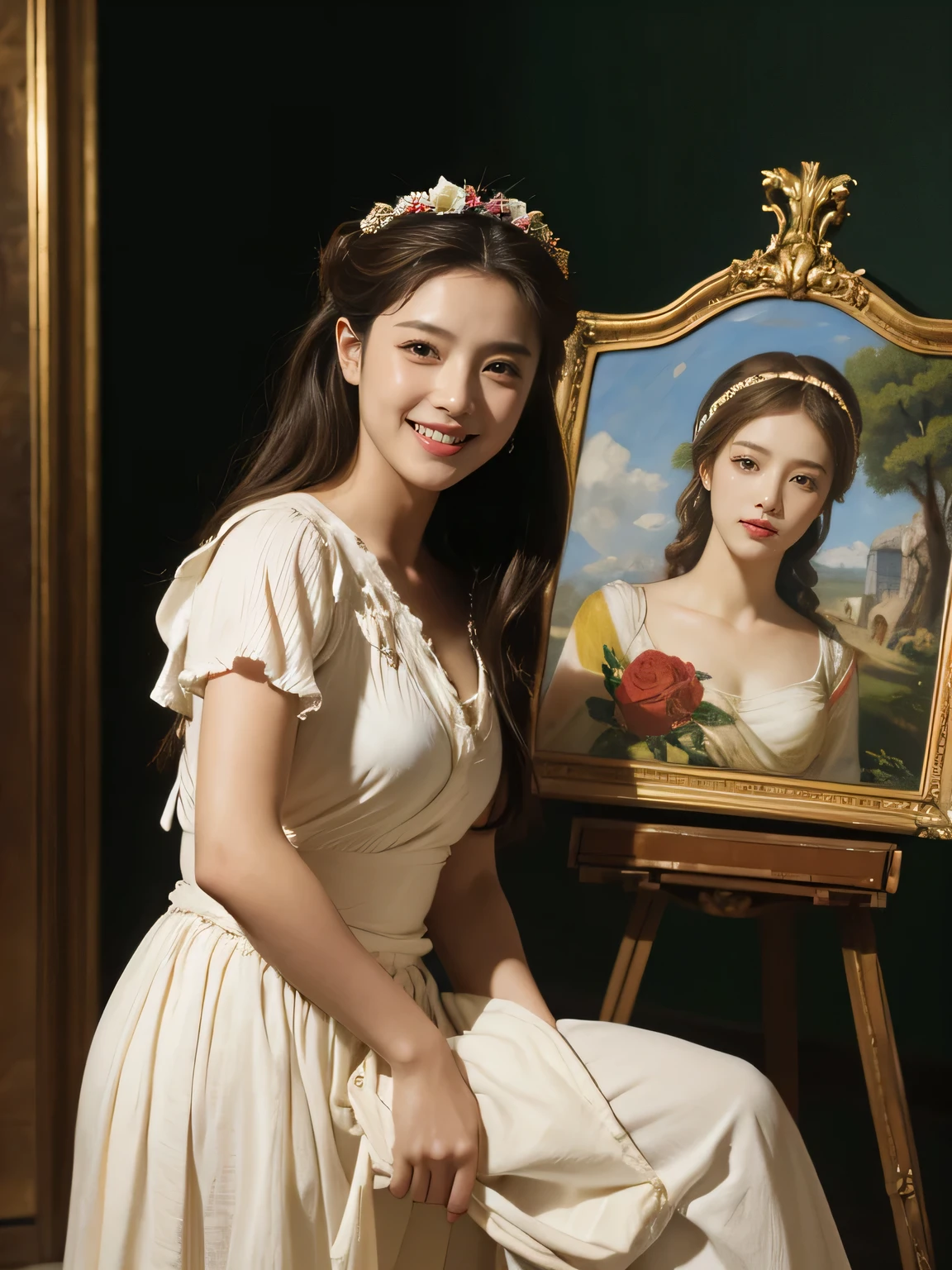 Raffaello Santi painting style,Arguments of two female 、roses in vase、fruits、Cute trinkets、smile、ancient greek costume、Woman standing on ancient Roman ruins ,A big smile