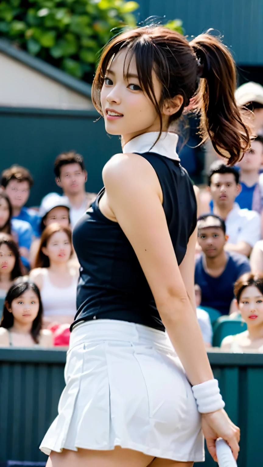 (perfect anatomy) ,A beautiful 20-year-old slender macho tennis player is playing a match on the Center Court at Wimbledon wearing a white high-neck front zip sleeveless one-piece tennis skirt, racket and shoes.,It captures the essence of her athleticism and energy, which goes well with her ponytail.,Deep depth of field with Hasselblad, portraying the motion and grace of ランニング, showing the wind blowing her ポニーテール and clothes,Photographed from behind,outdoors, detailed background,Overcrowded audience seats,best image quality,professional angle of view,outstanding detail,超A high resolution,realistic:1.4),high detail,focus on details,1girl concentrated in high concentration,beautiful chestnut hair,Beautiful face with a delicate and high nose,long limbs like a model,The audience is glued to her slim waist,