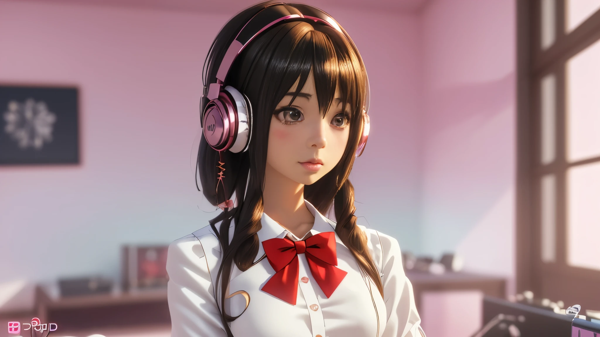 Anime girl with headphones and bow tie stands in front of cool interior music studio background。, anime style. 8k, anime style 4 k, anime styled 3d, Nightcore, Realistic anime 3d style, Smooth anime CG art, 3d anime girl, 8K Art Germ Bokeh, render of a cute 3d anime girl, cute realistic portrait