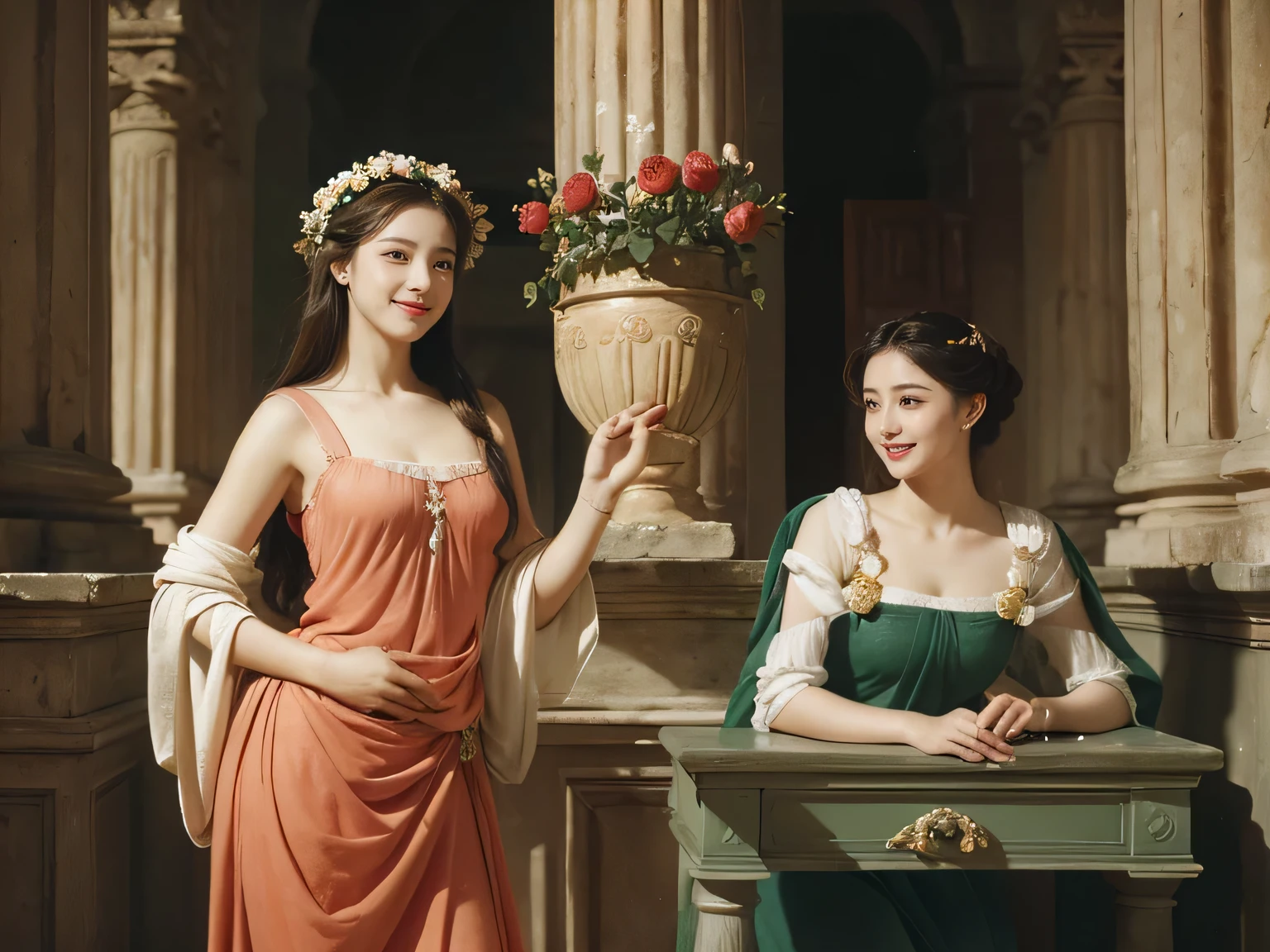 Raffaello Santi painting style,Arguments of two female 、roses in vase、fruits、Cute trinkets、smile、ancient greek costume、Woman standing on ancient Roman ruins ,A big smile
