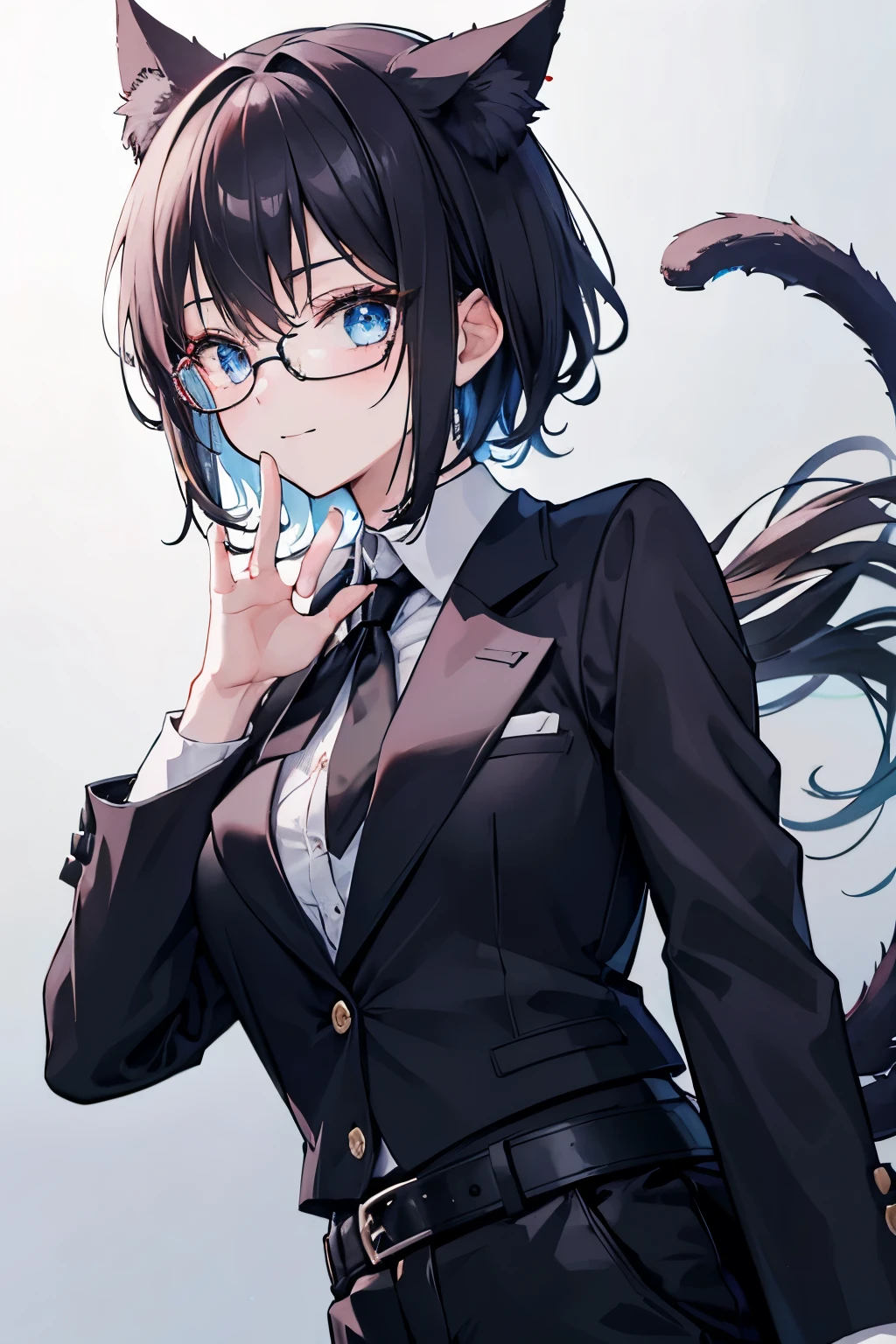The girl is wearing a business suit and looks like cat ears. One girl, tie, glasses, black tie, shirt, Black short hair, black shirt, red-rimmed glasses, black pants, suit, blue eyes, beautiful hairy tail, formal, chest, jacket, looking at viewer, black pants, belt, collared shirt, black jacket, long sleeves, solo focus, light smile