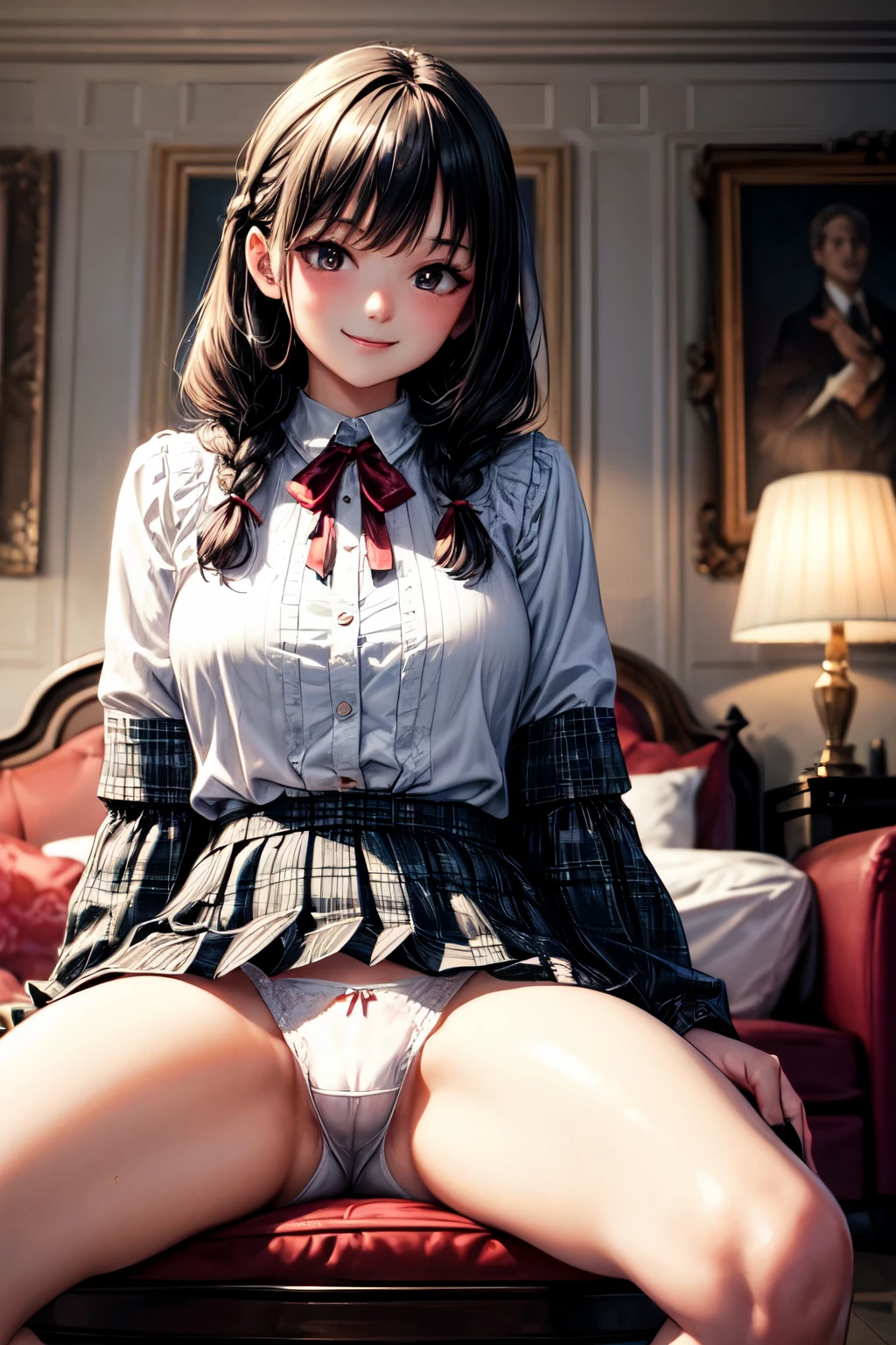 very cute and beautiful girl,(highly detailed beautiful face),
(smile),blush,(white blouse,ribbon),black hair,twin braid,sitting,(spread legs),
pleated plaid mini skirt,(white panties),antique hotel bedroom,gorgeous furnitures,
(best quality,masterpiece:1.2),absurdres,highres,ultra-detailed,extremely detailed,32k,8k resolution,
intricate details,cinematic scene,detailed background,solo,dynamic angle,perfect hands,