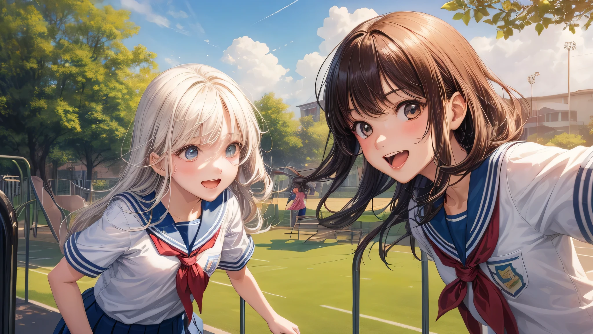 (2 girls:1.2), beautiful girl, shining smile, air bangs, (school uniform, mini skirt:1.2), (highest quality: 1.4), (Super detailed), (highest quality:1.4), (super detailed), Day光, (The school playground is full of greenery, running in the school playground), outdoors, Sunny, cloud, Day,  blue sky, (anime illustration), very high resolution, (Upper body), close up face