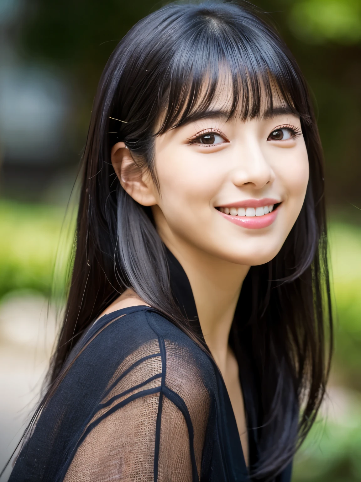 japanese woman、1 person、black hair、Straight medium hair、sexy and very thick lips、big slanted eyes、narrow space between the eyes、short and cute nose、very wide forehead、Keep your bangs down and trimmed, not parted.、long eyelashes、Thin contours、small chin、Adult-like appearance、dark eye makeup、looking at the camera、smile