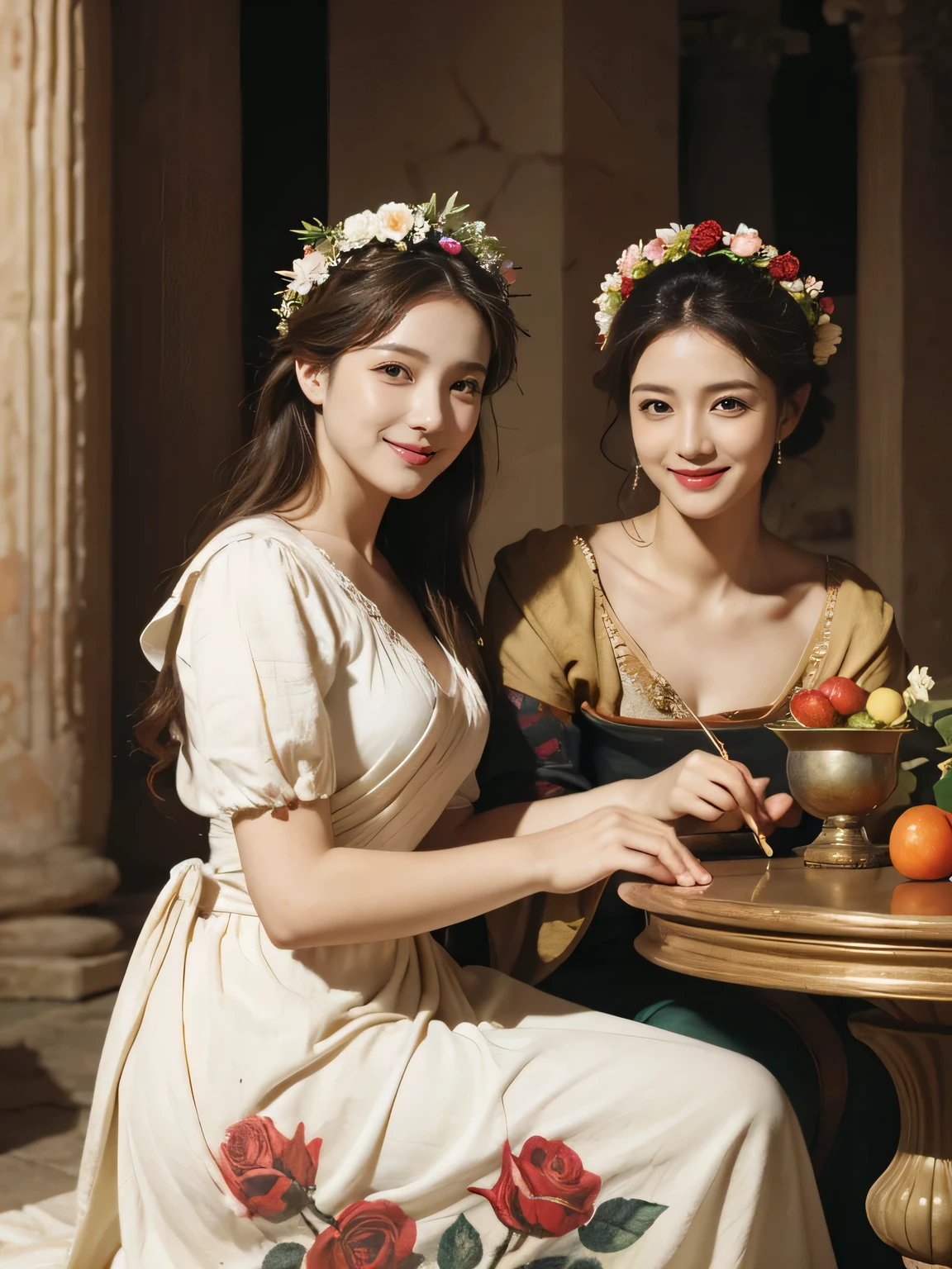 Raffaello Santi painting style,Arguments of two female 、roses in vase、fruits、Cute trinkets、smile、ancient greek costume、Woman standing on ancient Roman ruins ,A big smile