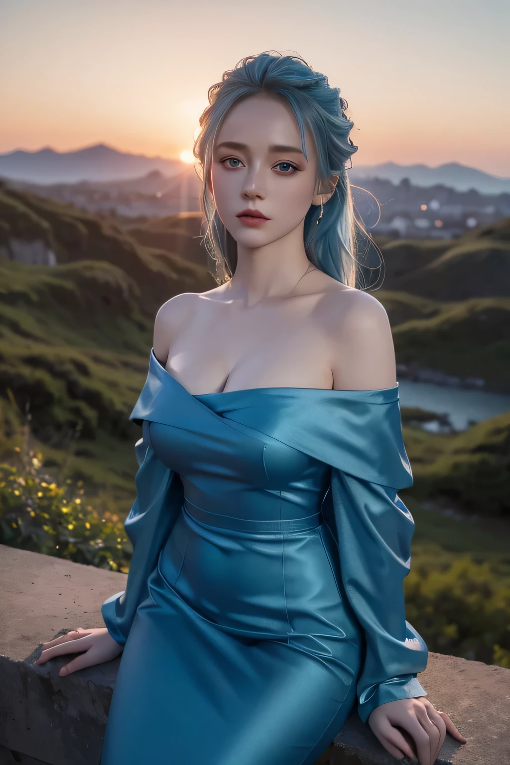 highest quality, masterpiece, ultra high resolution, (realism: 1.4), original photo, 1 girl, blue eyes, off shoulder, cinematic lighting, blue hair, at sunset、no makeup