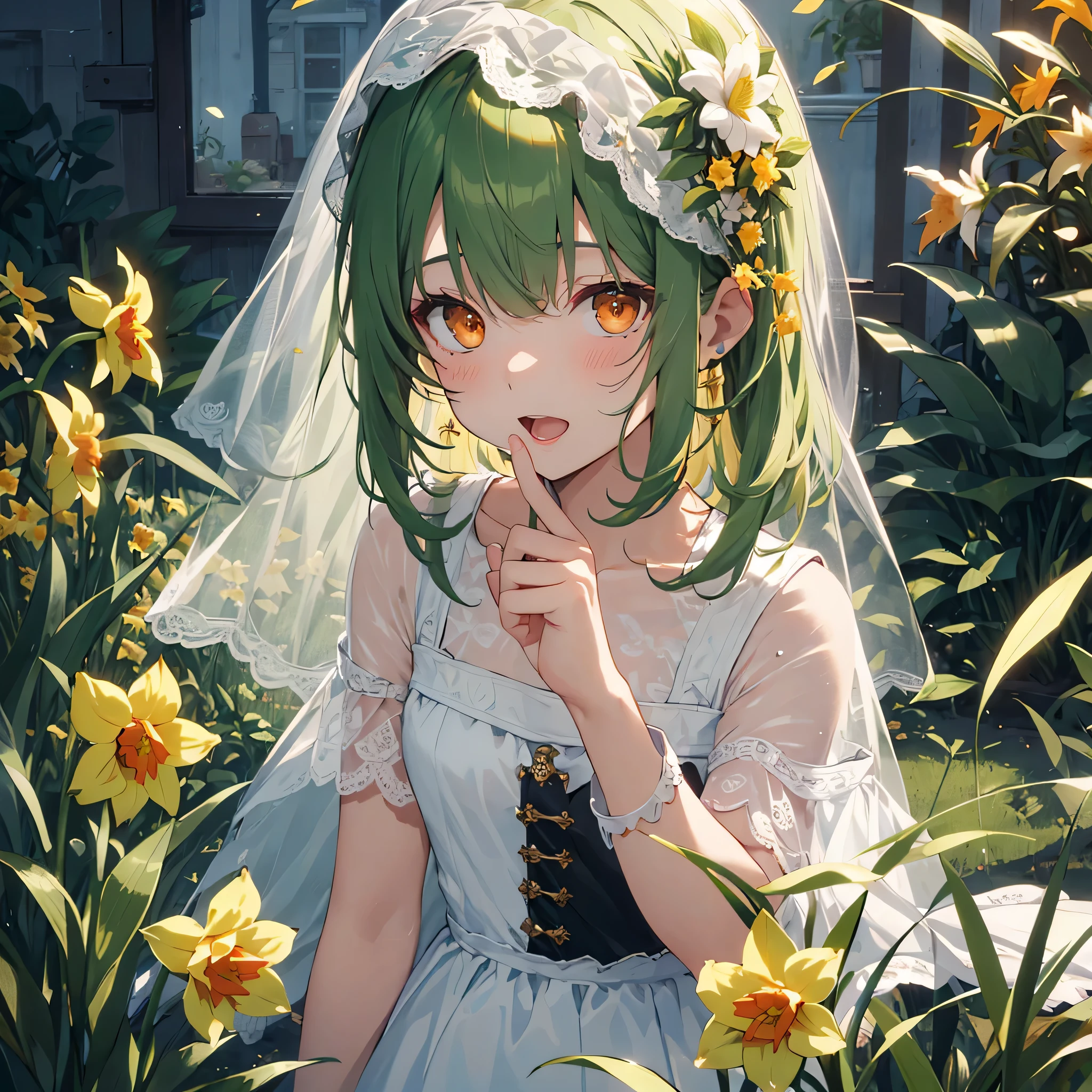 (highest quality, masterpiece), intricate details, beautiful and detailed face, See-through, looking at the viewer, Moriwayama, blush, open your mouth,, dull bangs, Happy, Are standing, cowboy shot,orange eyes,Daffodil flowers,green hair