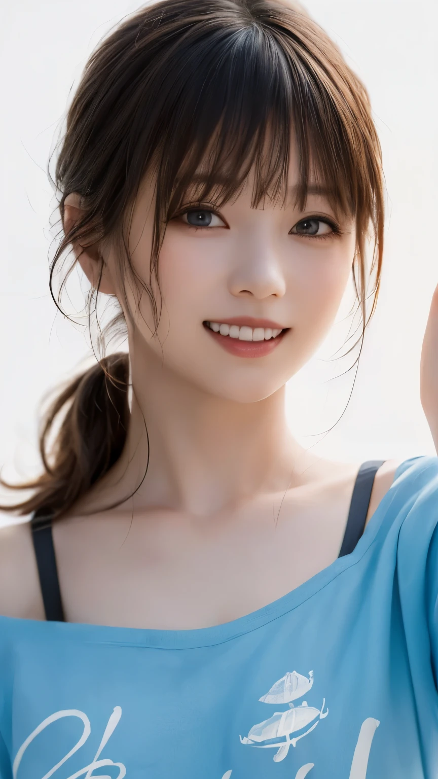 (highest quality、8k、32K、masterpiece)、(realistic)、(Photoreal:1.2)、(High resolution)、Super detailed、very beautiful face and eyes、1 girl、round and small face、thin waist、delicate body、(close、highest quality、high detail、rich skin details)、(highest quality、8k、oil paint:1.2)、Super detailed、(realistic、realistic:1.37)、bright colors、(((cheeks are flushed)))、(((I'm blonde)))、(((laughter)))、(((bust shot)))、((short hair、ponytail))、(((pure white wall background)))、(((she is wearing a blue t-shirt)))、(((pure white wall background)))、(((blue and light blue clothes)))、(((The shirt has a picture of the sea written on it..)))、(((It is a short sleeve T-shirt)))、(((大laughterしています)))、(((teeth visible)))、(((I put my hand on my head)))、(((Black bra straps are visible above the collarbone.)))