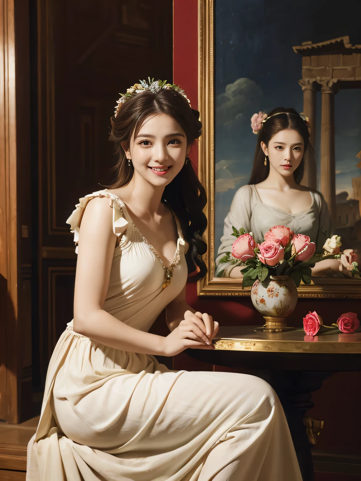 Raffaello Santi painting style,Arguments of two female 、roses in vase、fruits、Cute trinkets、smile、ancient greek costume、Woman standing on ancient Roman ruins ,A big smile