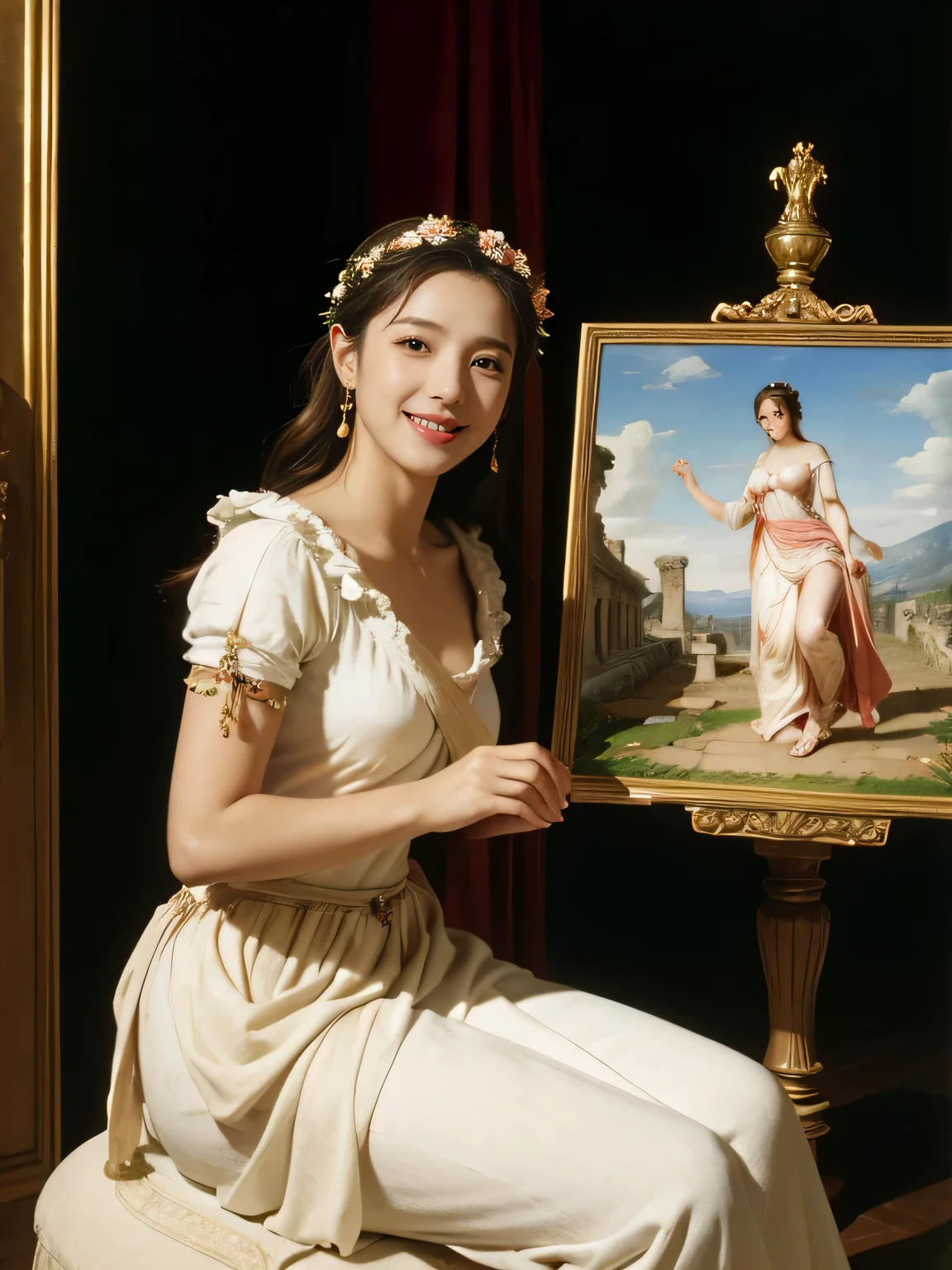 Raffaello Santi painting style,Arguments of two female 、roses in vase、fruits、Cute trinkets、smile、ancient greek costume、Woman standing on ancient Roman ruins ,A big smile