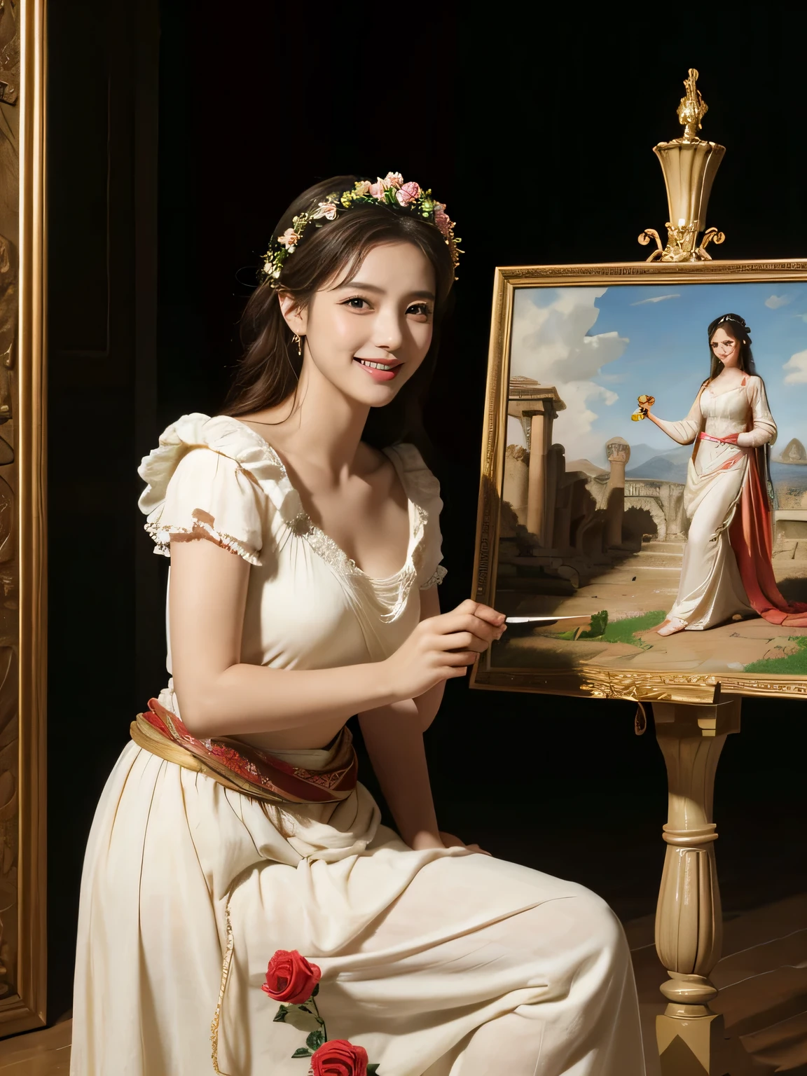 Raffaello Santi painting style,Arguments of two female 、roses in vase、fruits、Cute trinkets、smile、ancient greek costume、Woman standing on ancient Roman ruins ,A big smile