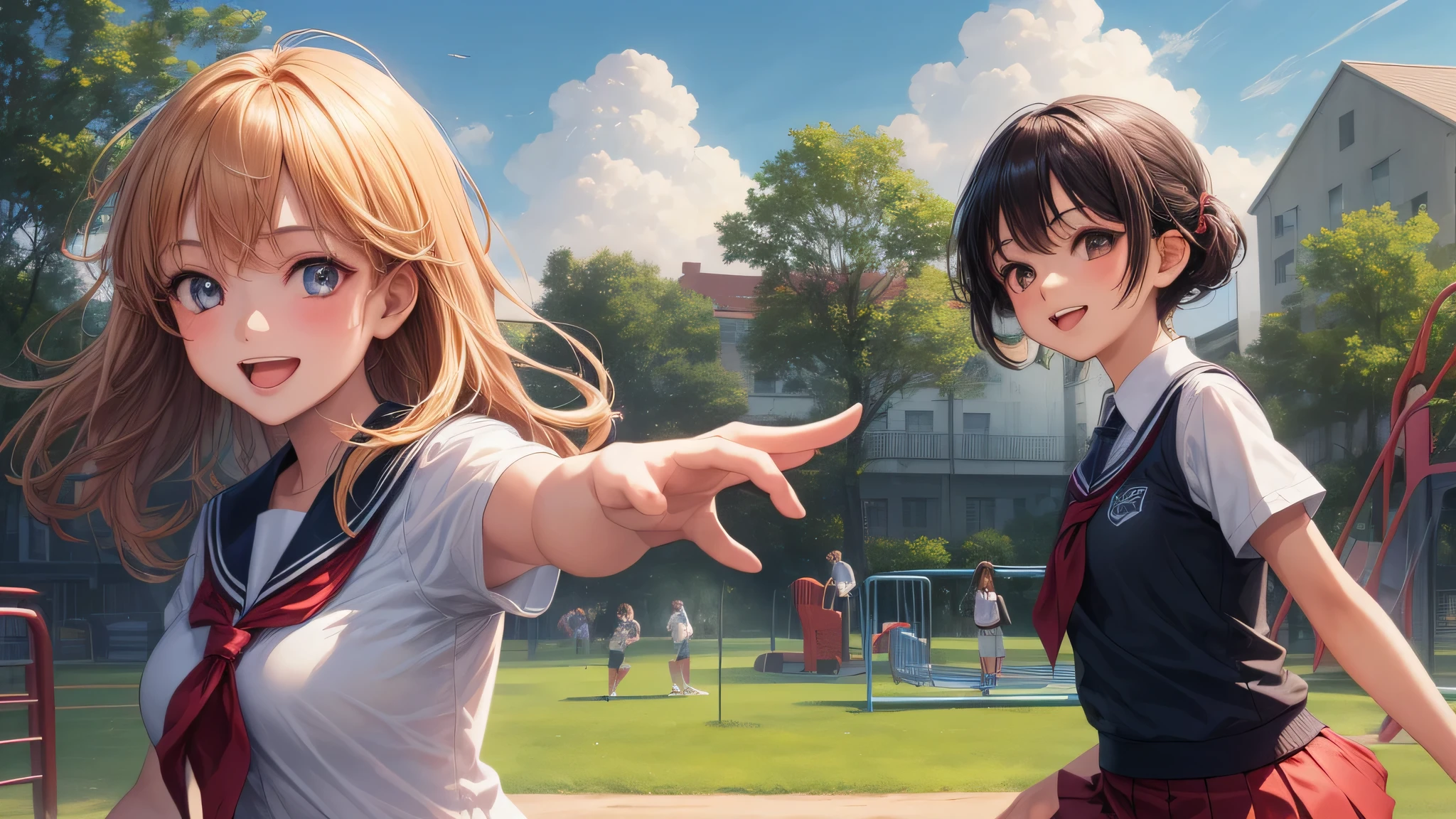 (2 girls:1.2), beautiful girl, shining smile, air bangs, (school uniform, mini skirt:1.2), (highest quality: 1.4), (Super detailed), (highest quality:1.4), (super detailed), Day光, (The school playground is full of greenery, running in the school playground), outdoors, Sunny, cloud, Day,  blue sky, (anime illustration), very high resolution, (Upper body), close up face