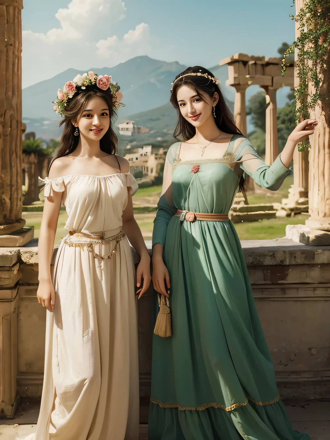 Raffaello Santi painting style,Arguments of two female 、roses in vase、fruits、Cute trinkets、smile、ancient greek costume、Woman standing on ancient Roman ruins ,A big smile