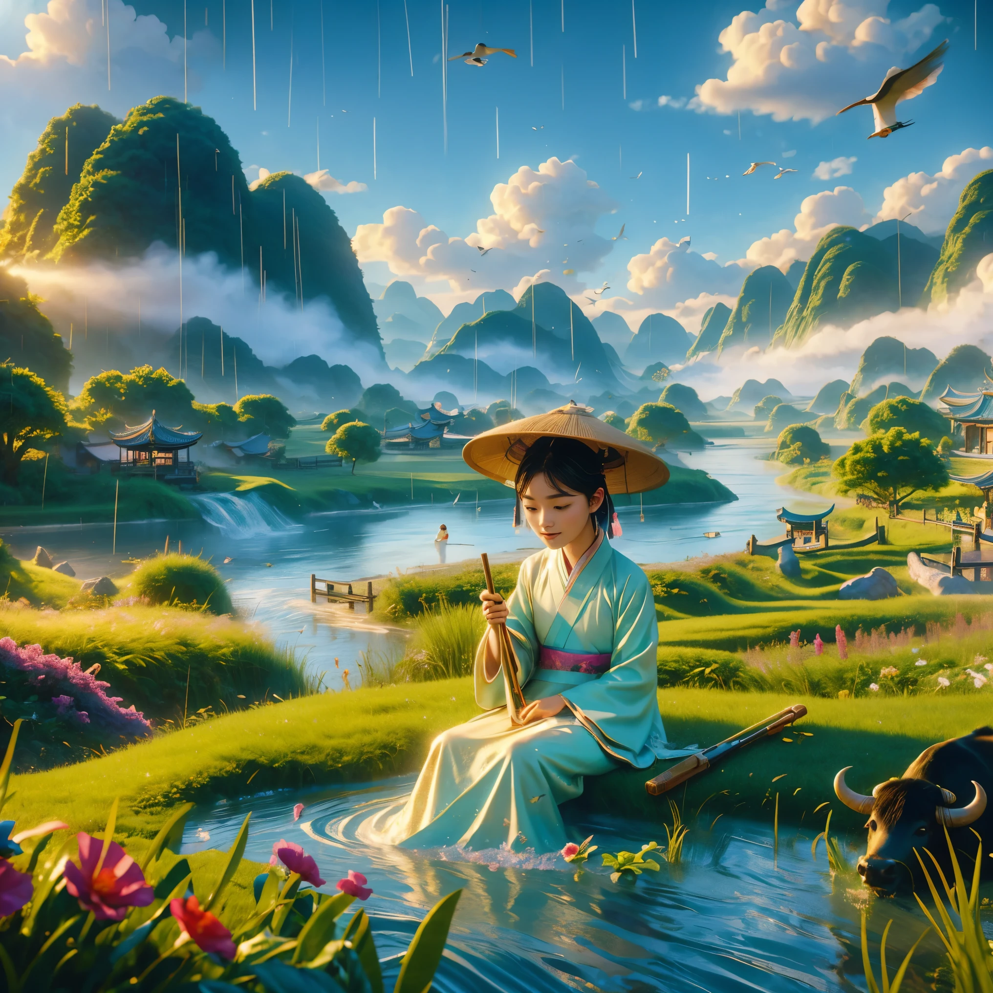 In a gentle, drizzling rain characteristic of Qingming Festival, a charming scene unfolds: a cute Chinese boy, clad in light-colored Hanfu with a straw hat, lies atop a black bull, leisurely chewing on a straw. Surrounded by a lush, verdant field with a flowing river, grasslands, and distant mountains, the atmosphere is serene. Birds glide in the misty sky. This tableau is rendered in a vivid Disney Pixar style, featuring the boy with large, watery eyes. The scene is brought to life with ray tracing and octane rendering techniques, showcasing clay-like textures and dynamic, animated lighting. Created using 3D C4D and Blender for ultra-high definition at 8K resolution, this blend of traditional charm and modern animation techniques captures the tranquil and reflective essence of Qingming, all while adhering to IP authorization for the highest quality visualization.