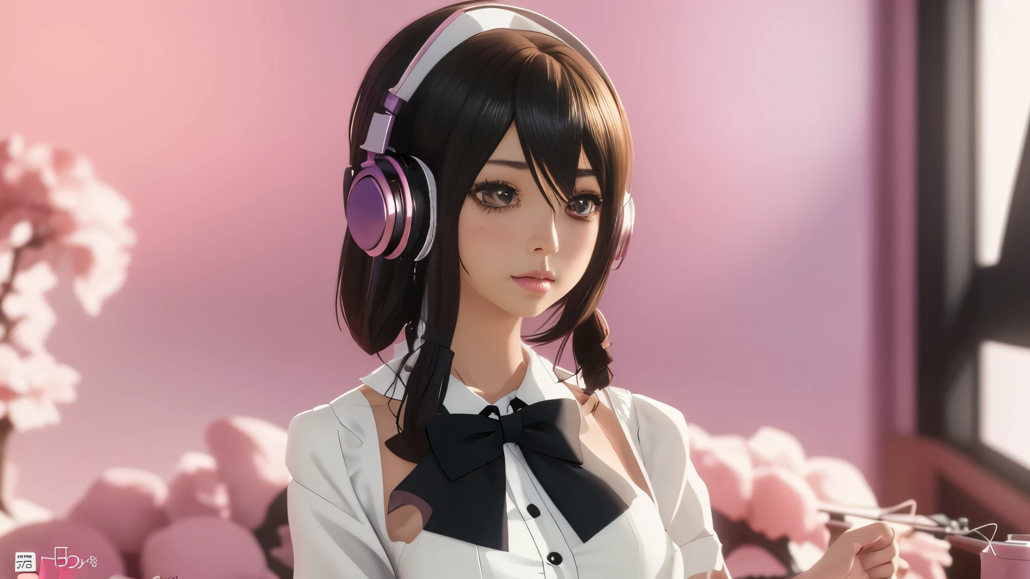 Anime girl with headphones and bow tie is operating a turntable in front of a cool interior music studio background。, anime style. 8k, anime style 4 k, anime styled 3d, Nightcore, Realistic anime 3d style, Smooth anime CG art, 3d anime girl, 8K Art Germ Bokeh, render of a cute 3d anime girl, cute realistic portrait